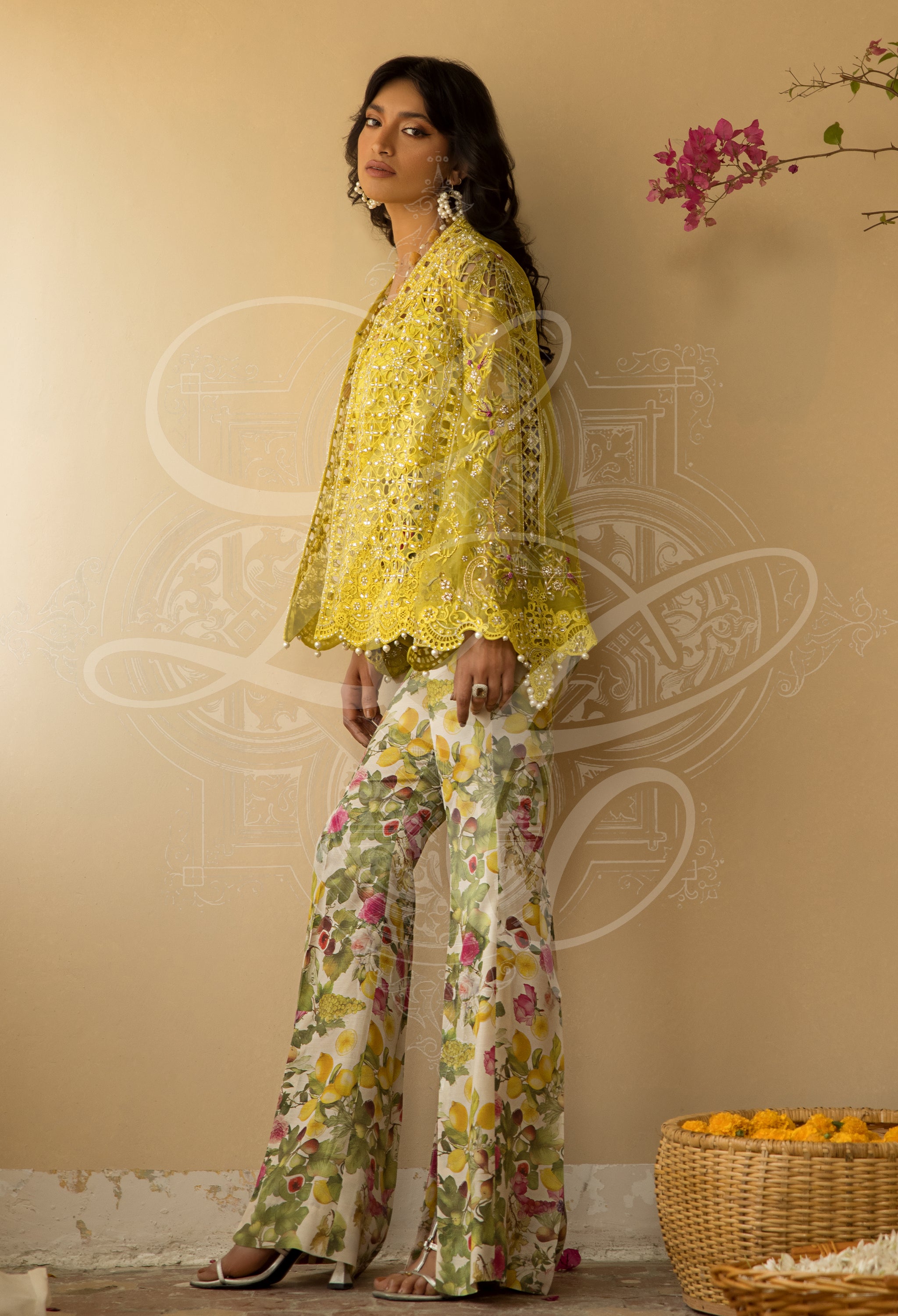 AVA - Cutwork Coat with bell Sleeves and printed bootcut Pant