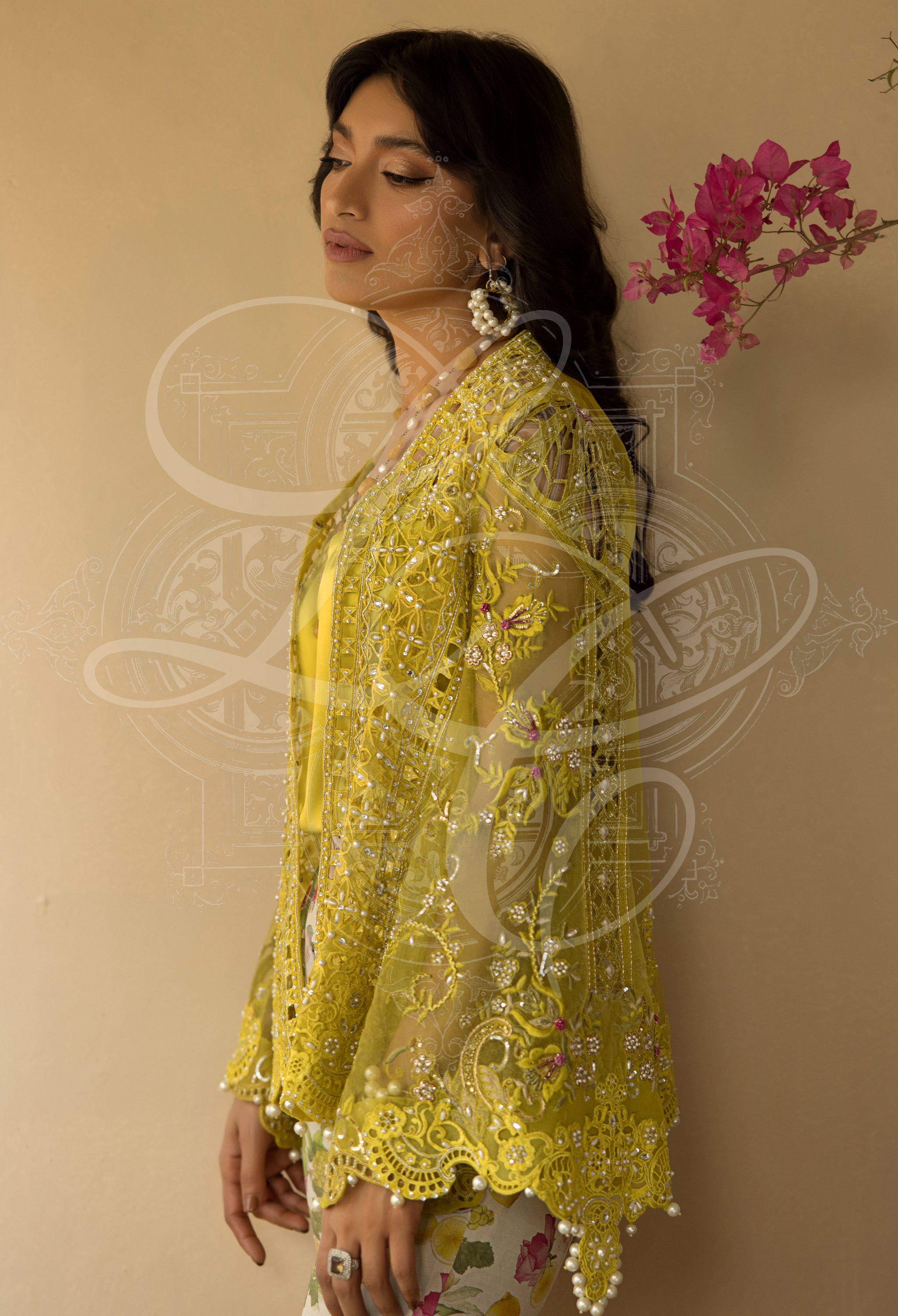 AVA - Cutwork Coat with bell Sleeves and printed bootcut Pant