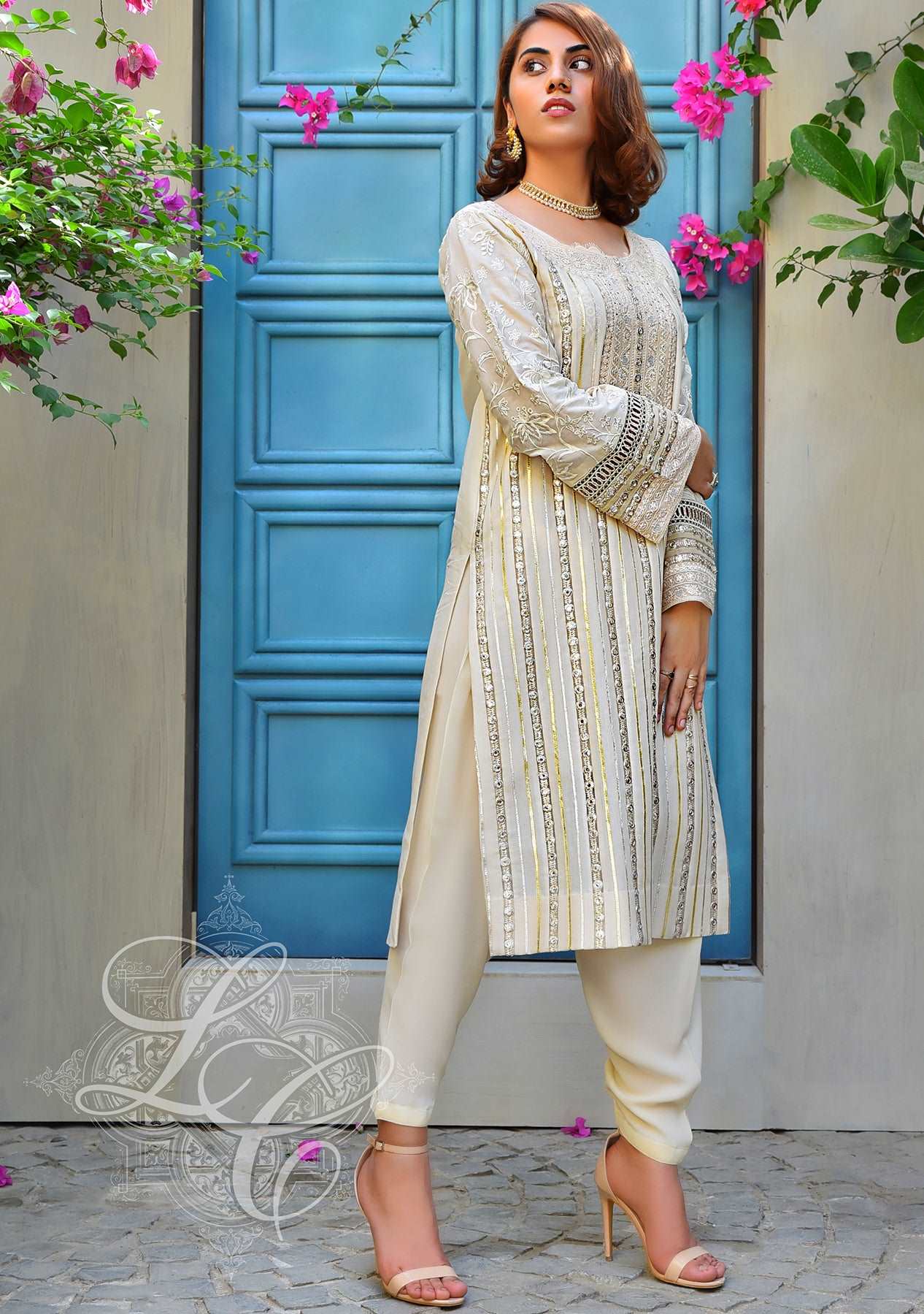 Beige gota kurta and skinny shalwar