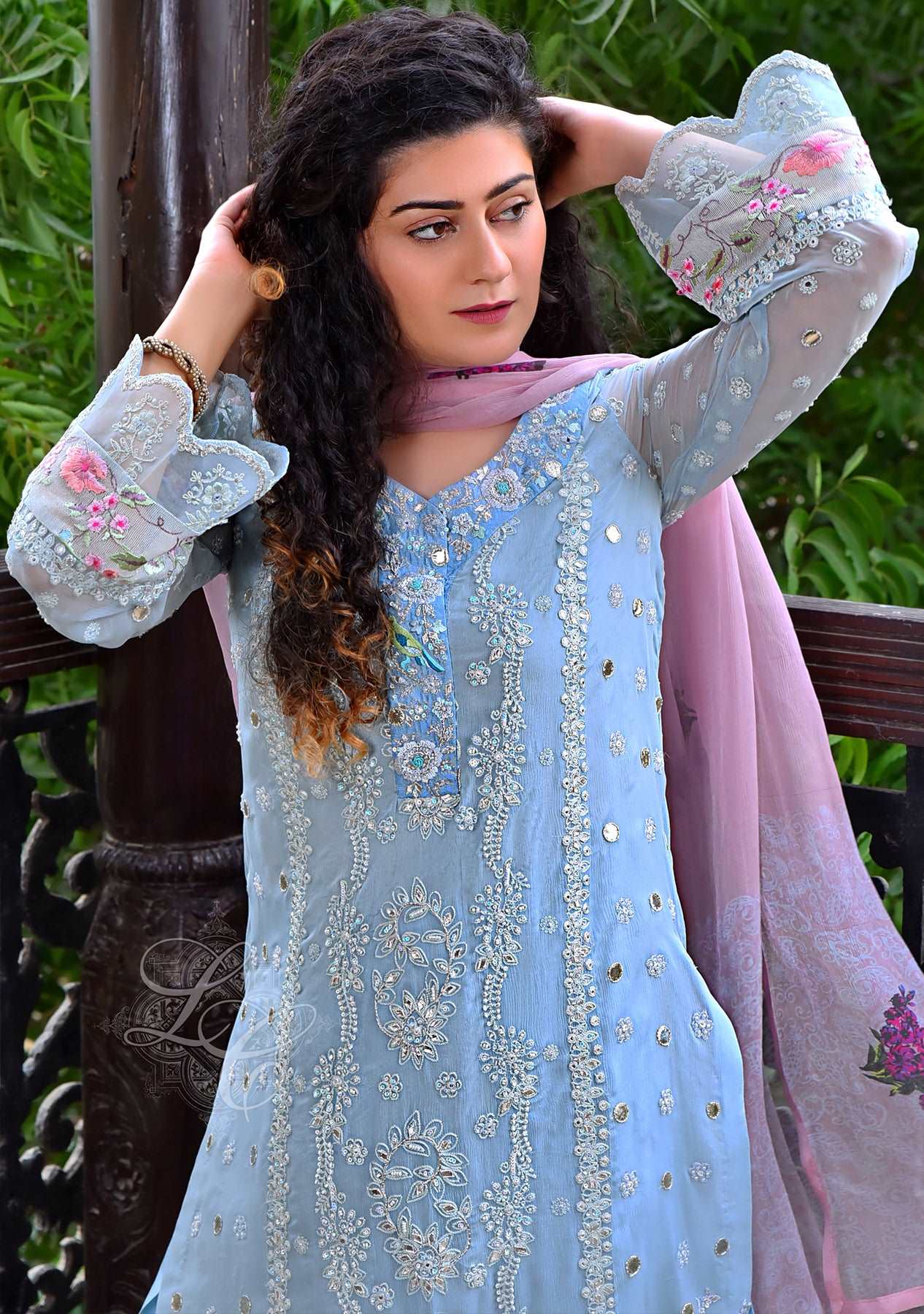 Blue gota work shirt paired with a shalwar and printed dupatta