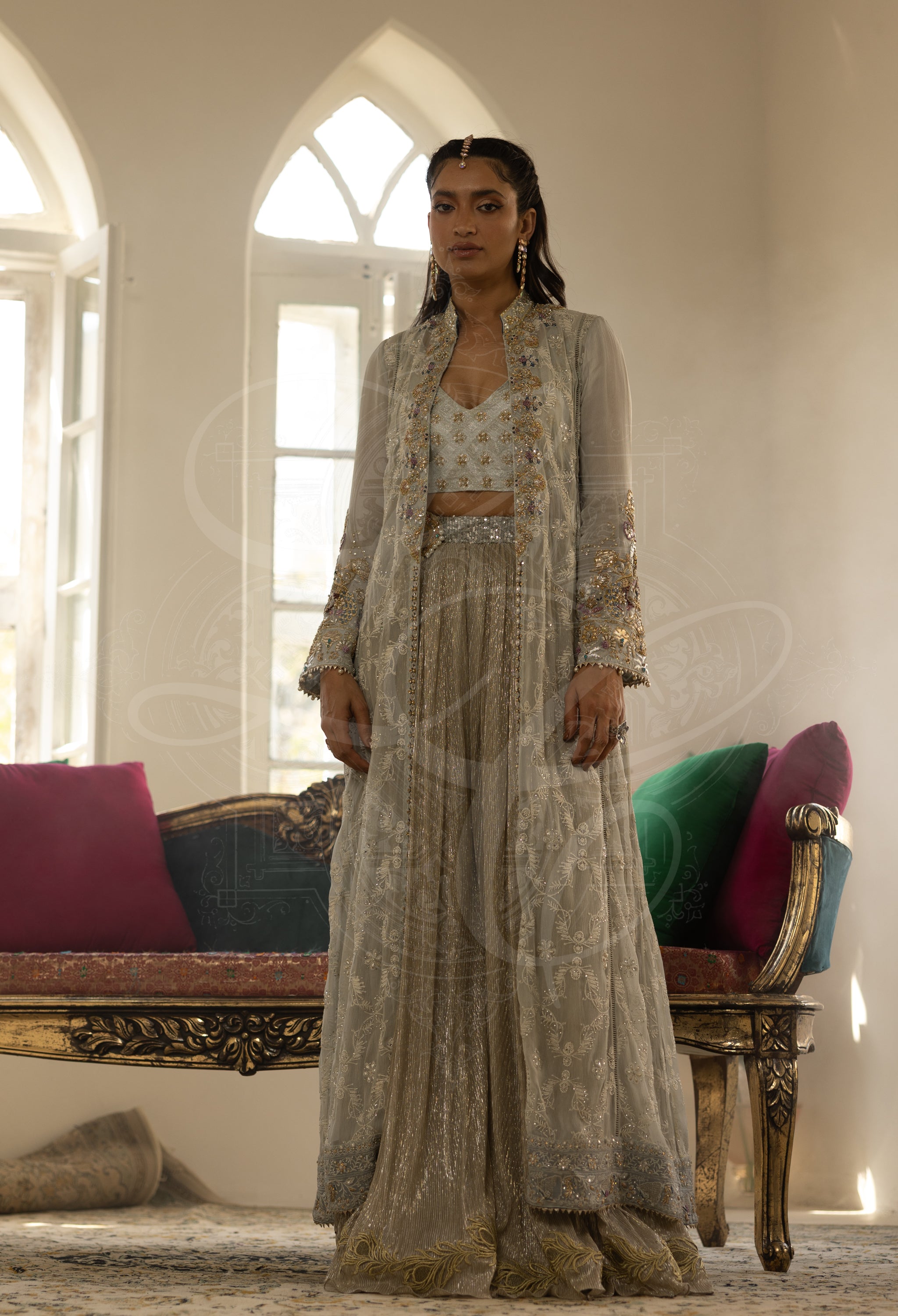 Silver Grey Chikankari Coat Set with Hand Embellished Gharara