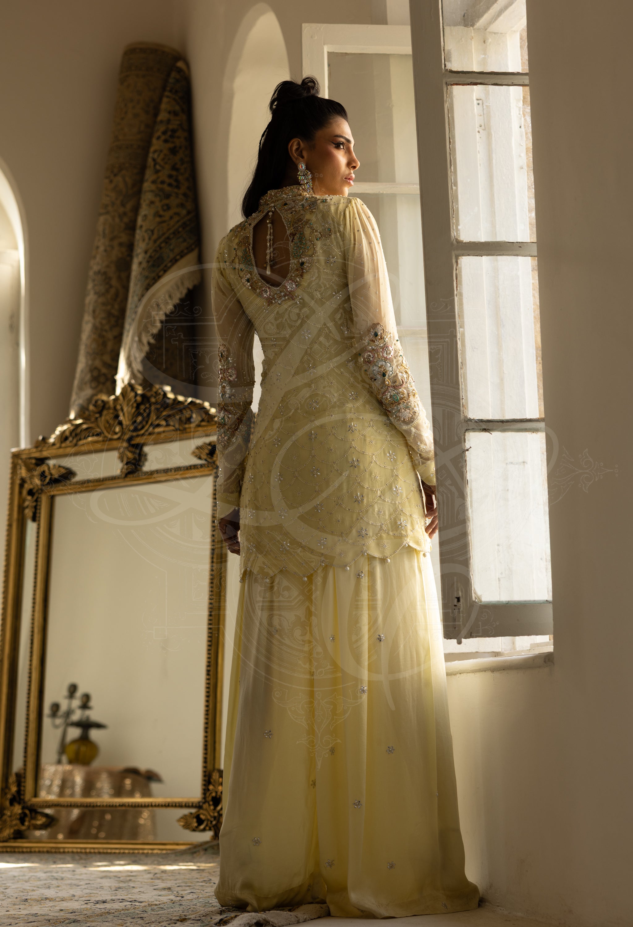 Lemon Chikankari Kaamdaani Set with Diamanté Embellished Culottes