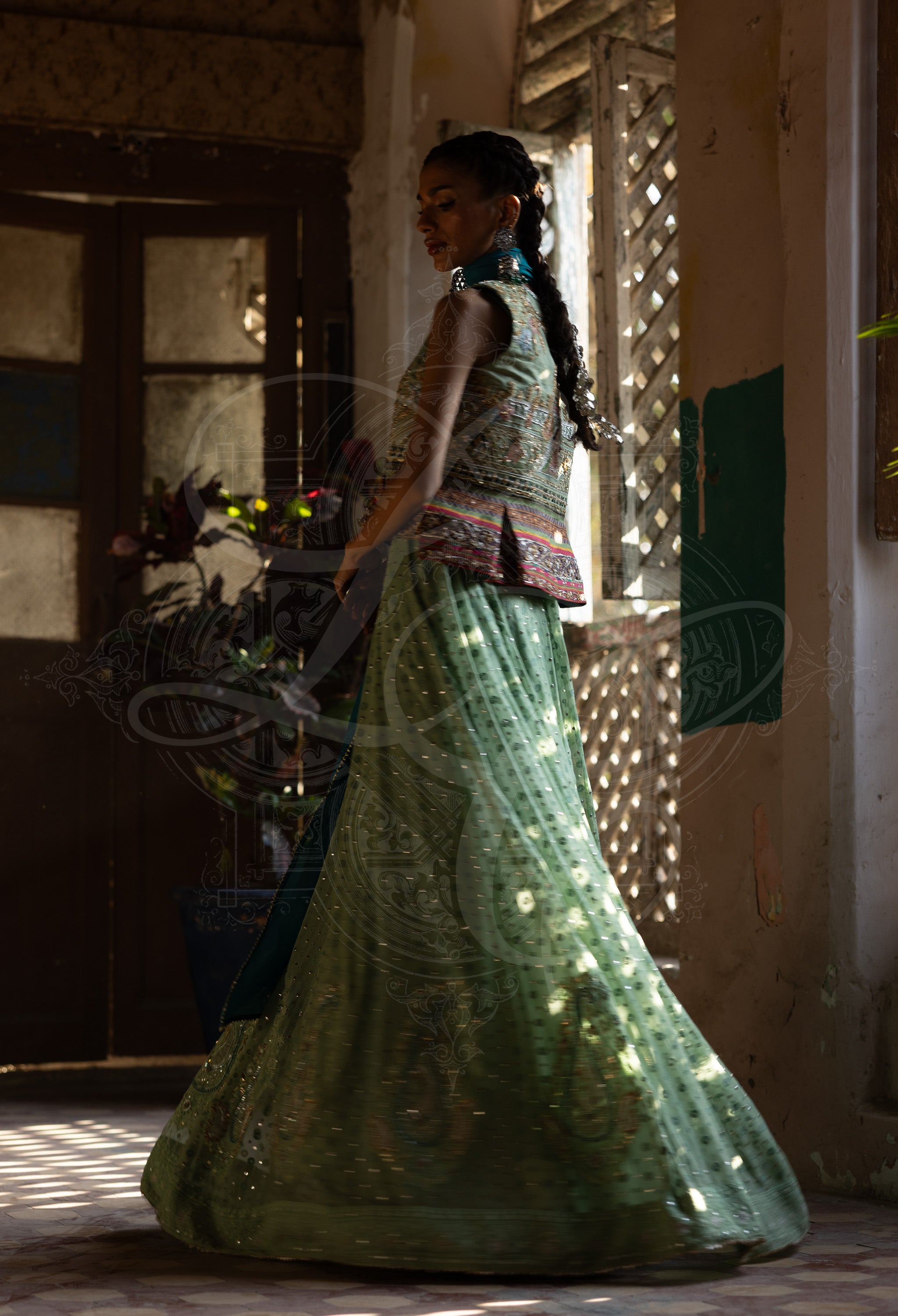 Sage Green Chikankari Peshwas Set with Teal Embroidered Coat