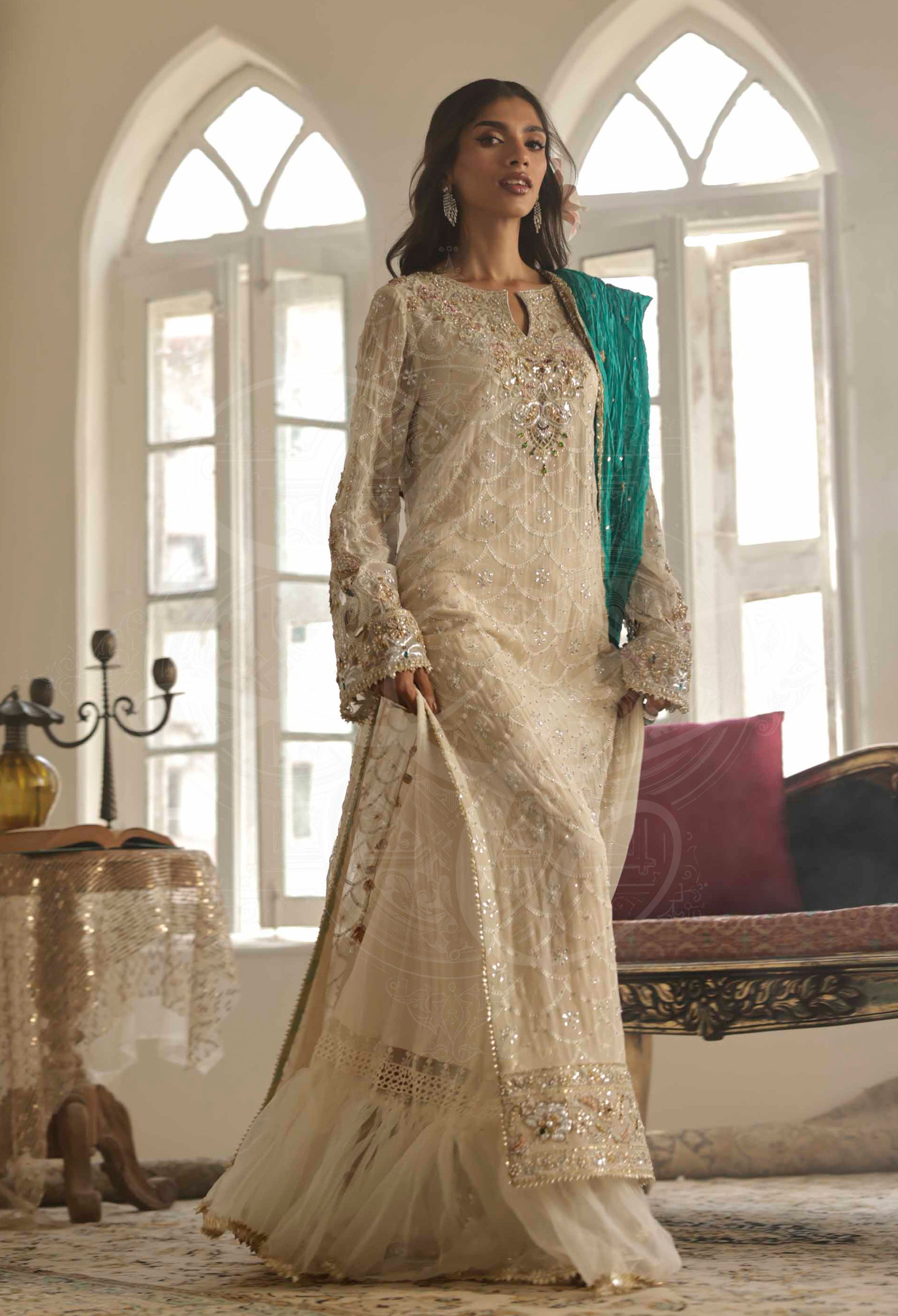 Off-White Chikankari & Kaamdaani Jaal Gharara Set with Sea Green Dupatta