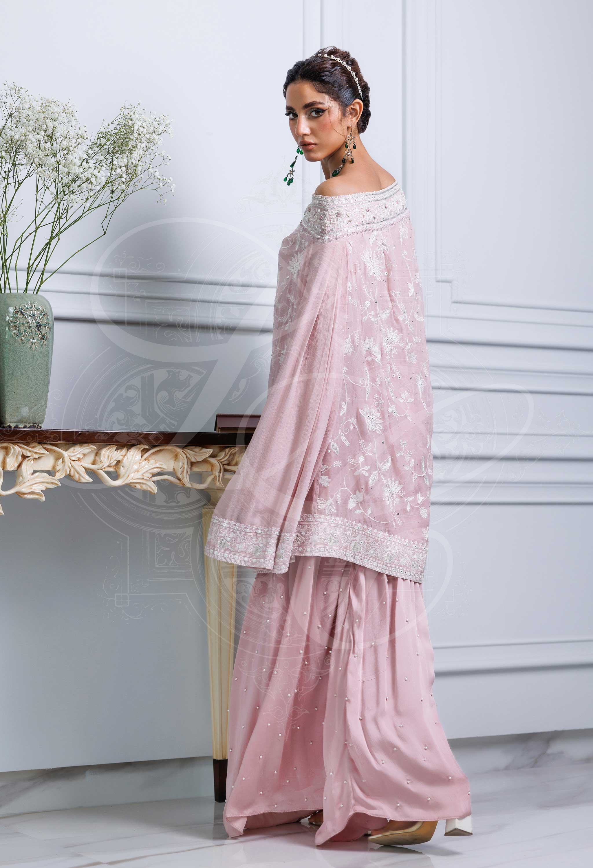 EYANA - Rose Pink Asymmetrical top With chikankari and Culottes