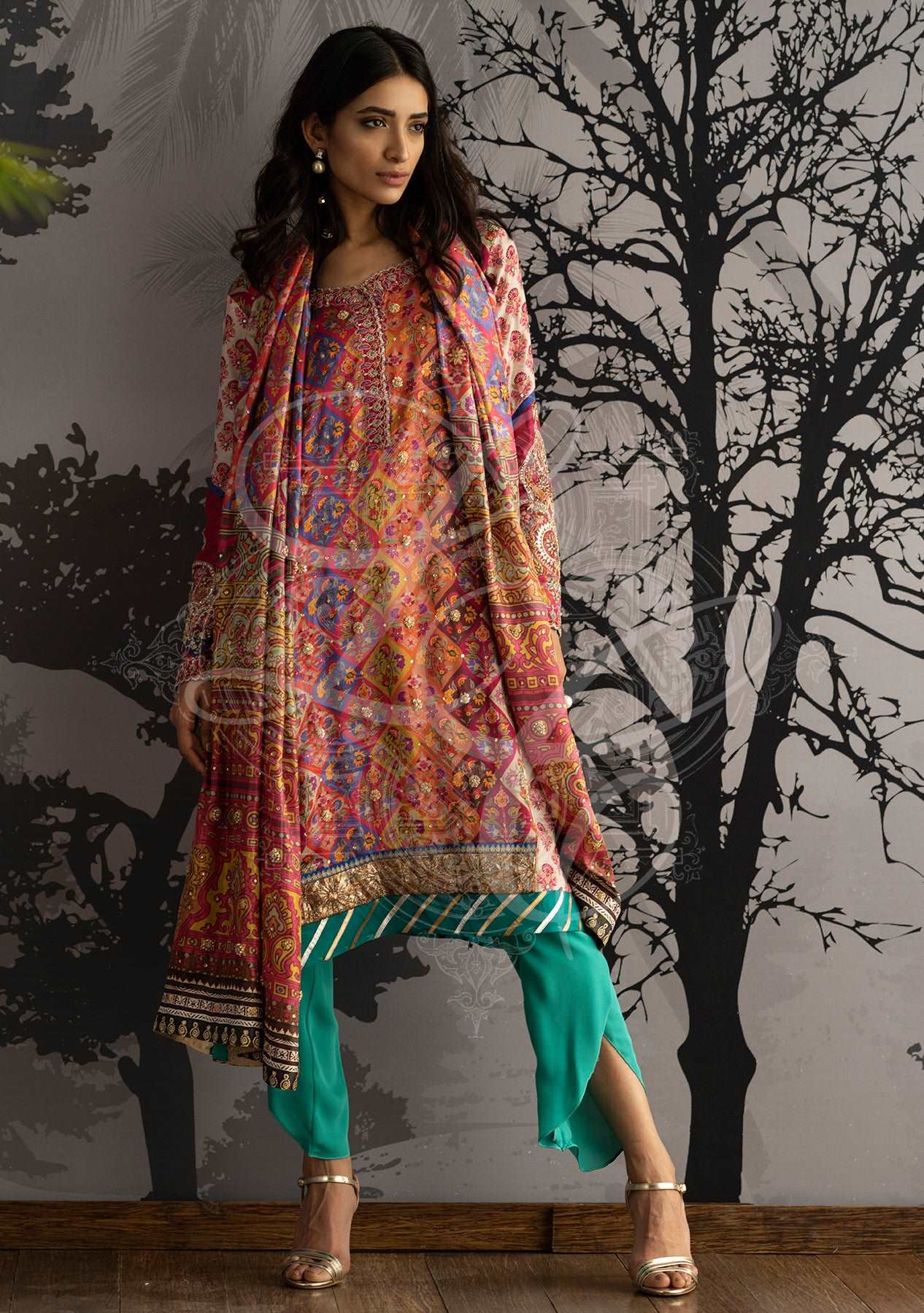 Bright printed tunic with a tulip shalwar and dupatta