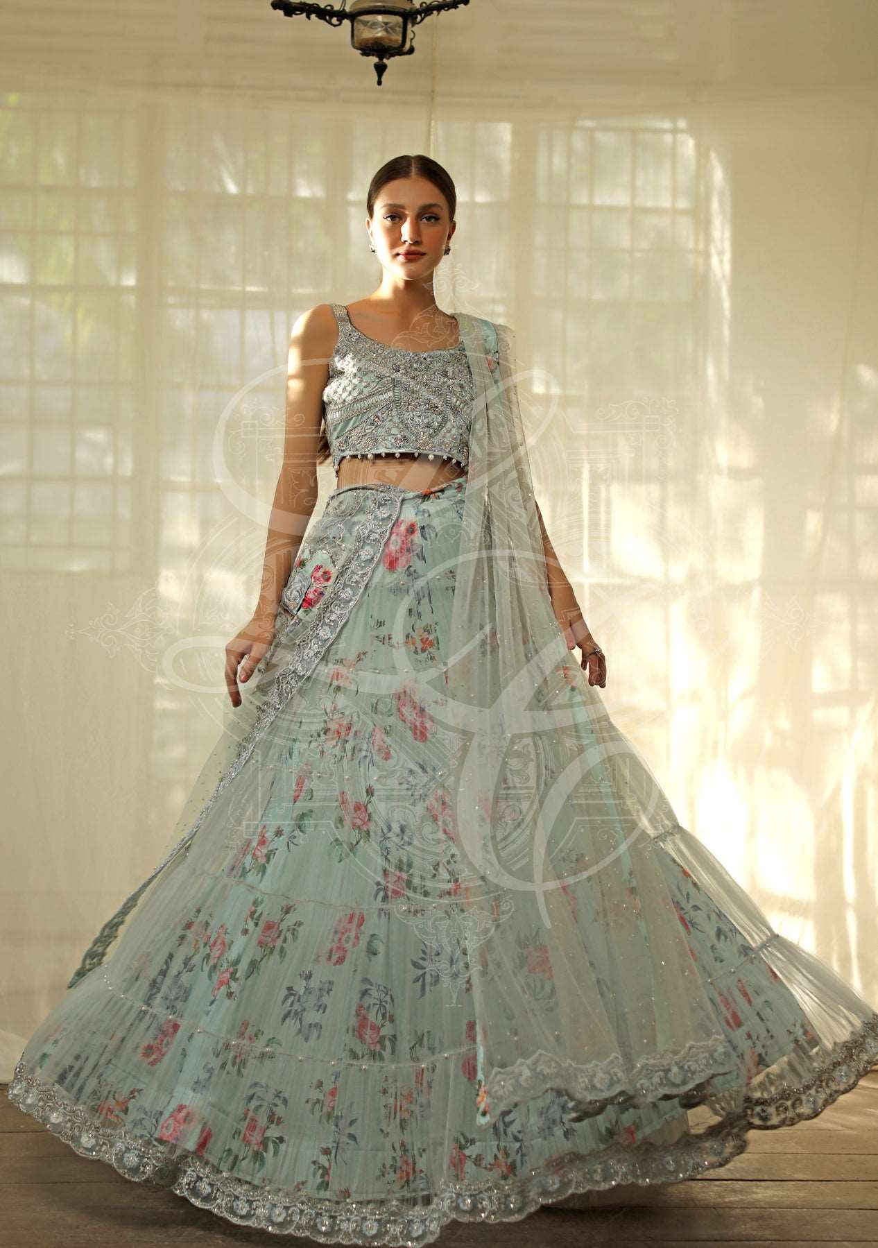 Blue floral printed lehenga with choli and dupatta