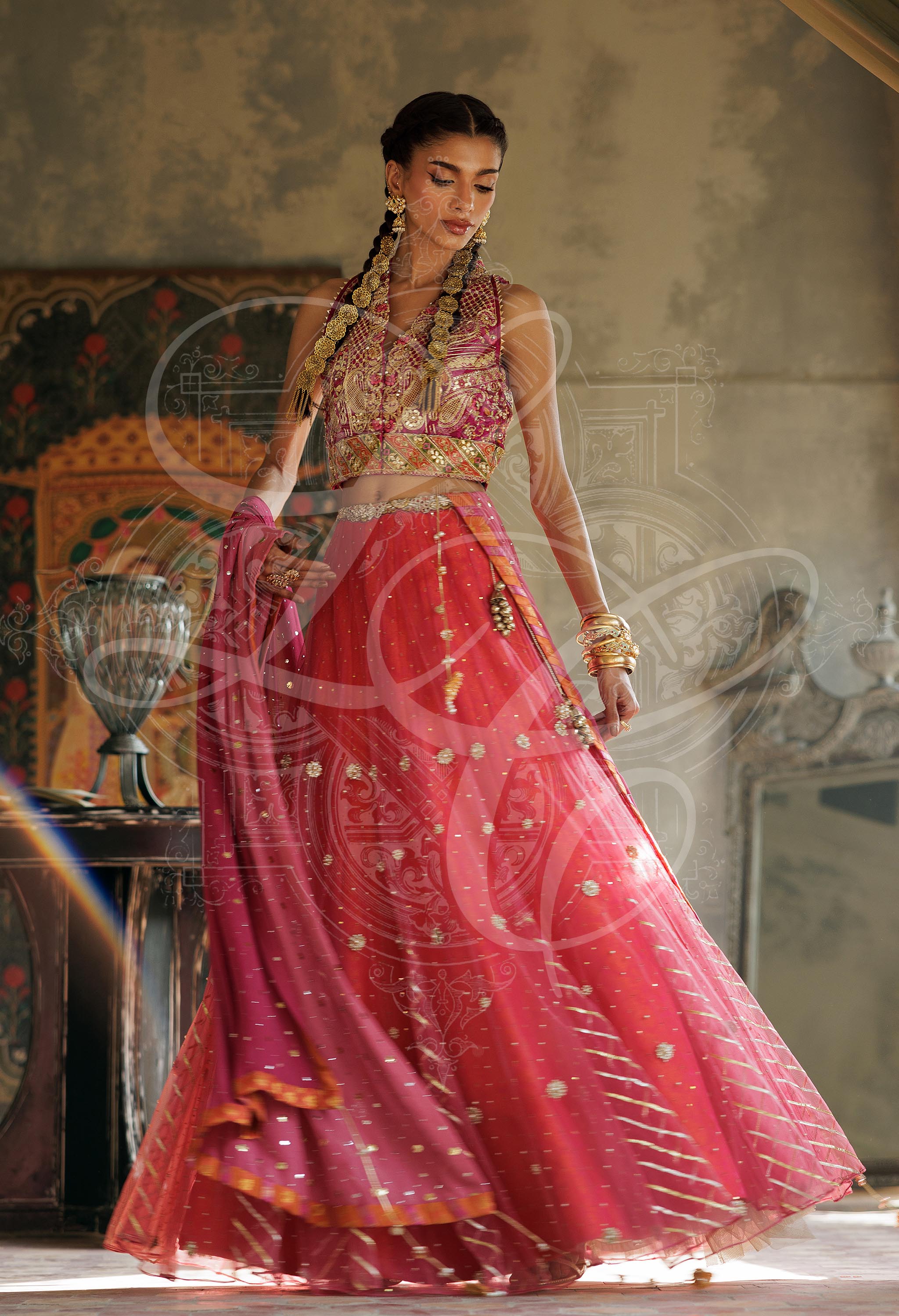 Soraya - Gota work halter blouse with gota work lehenga with Kaamdani Chiffon Dupatta