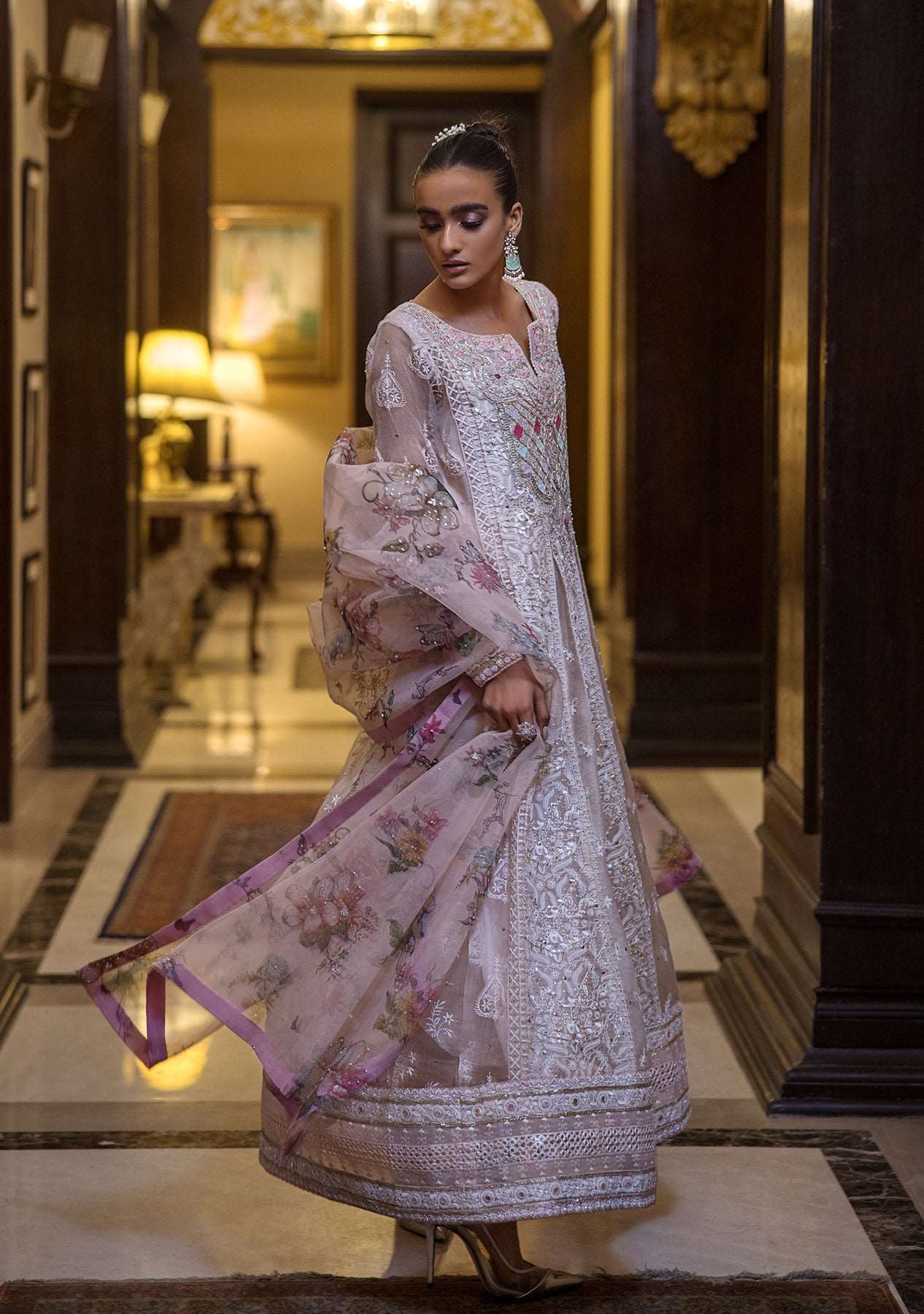 Pink chikankari peshwas with churidars and printed dupatta