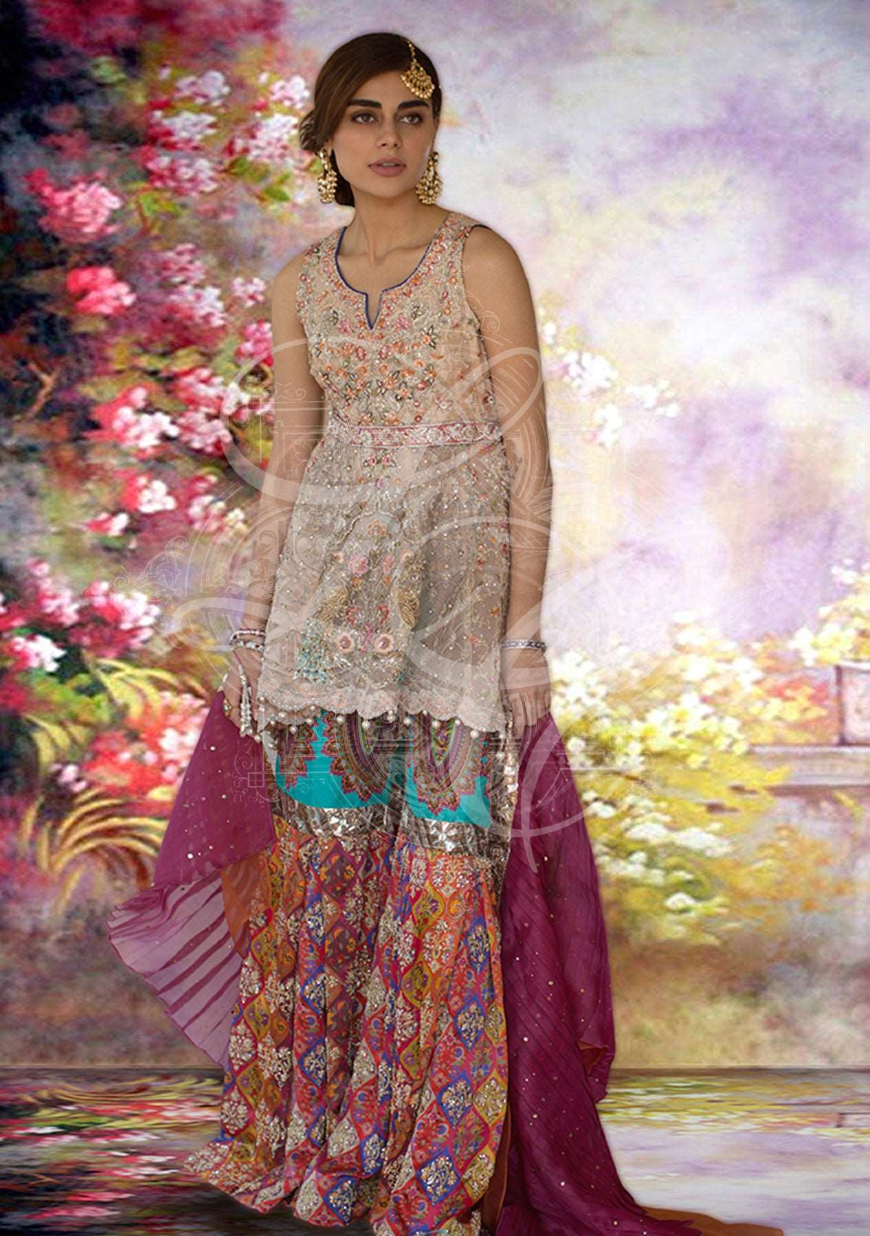 Peach peplum with printed gharara and dupatta