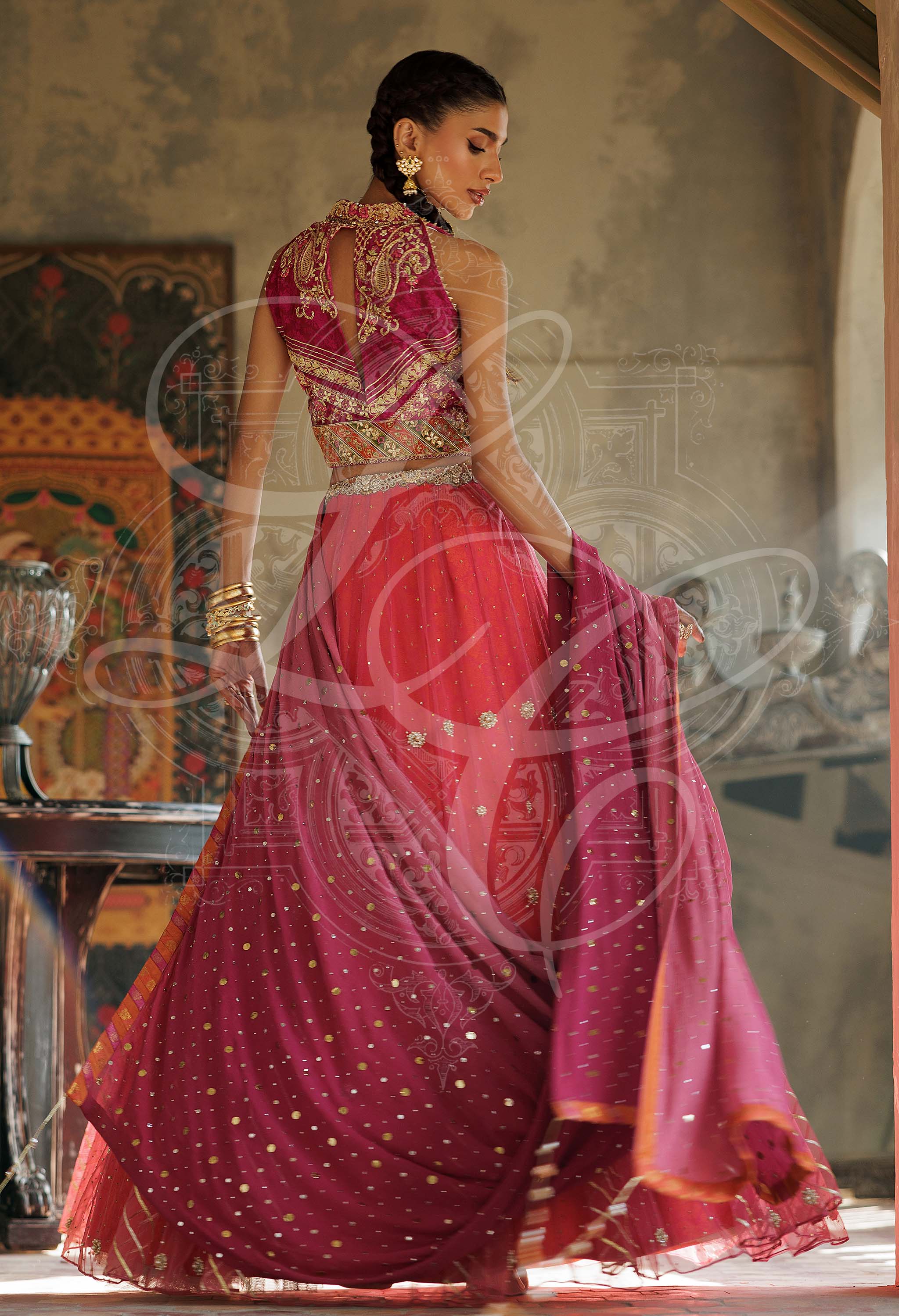 Soraya - Gota work halter blouse with gota work lehenga with Kaamdani Chiffon Dupatta
