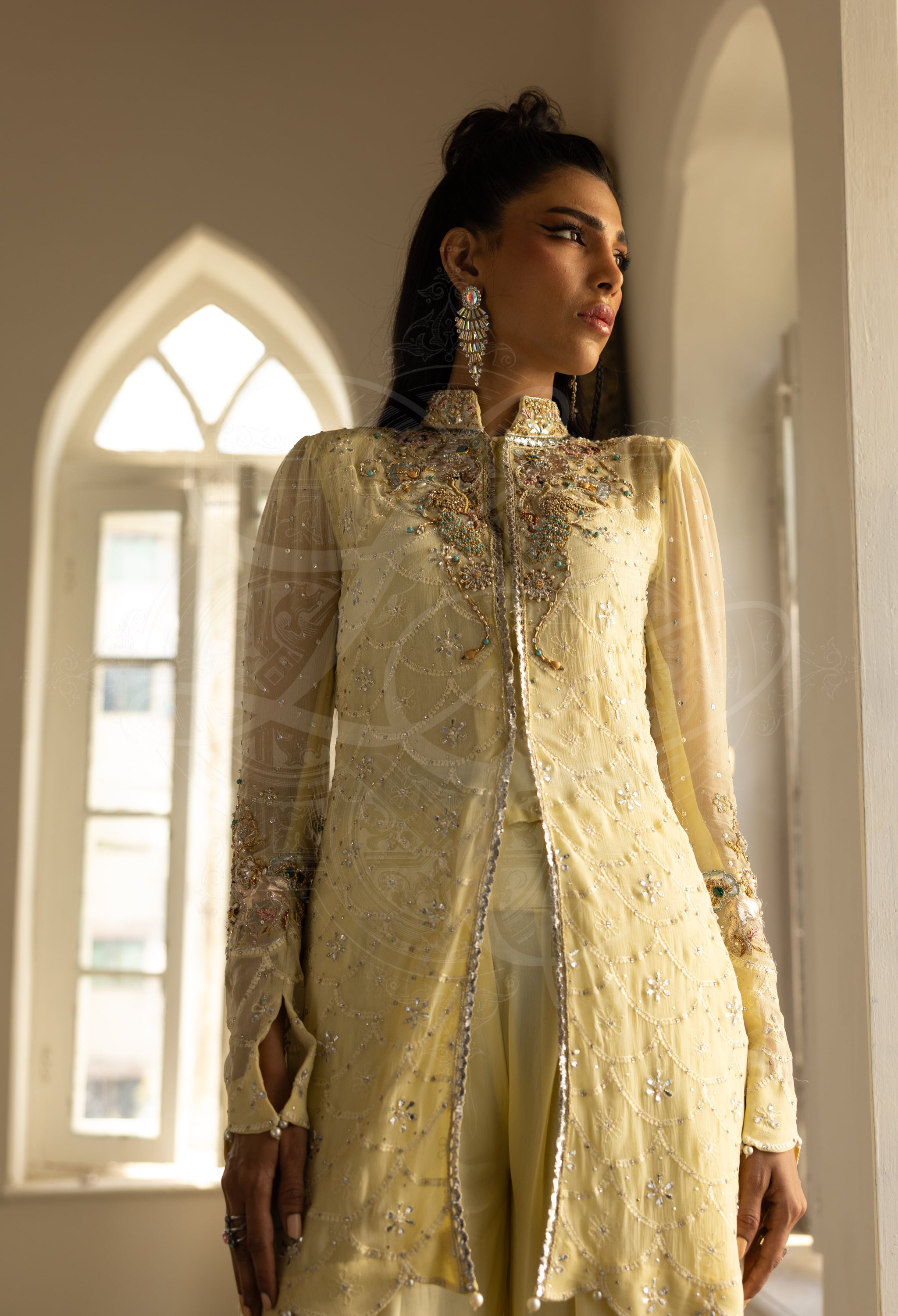 Lemon Chikankari Kaamdaani Set with Diamanté Embellished Culottes