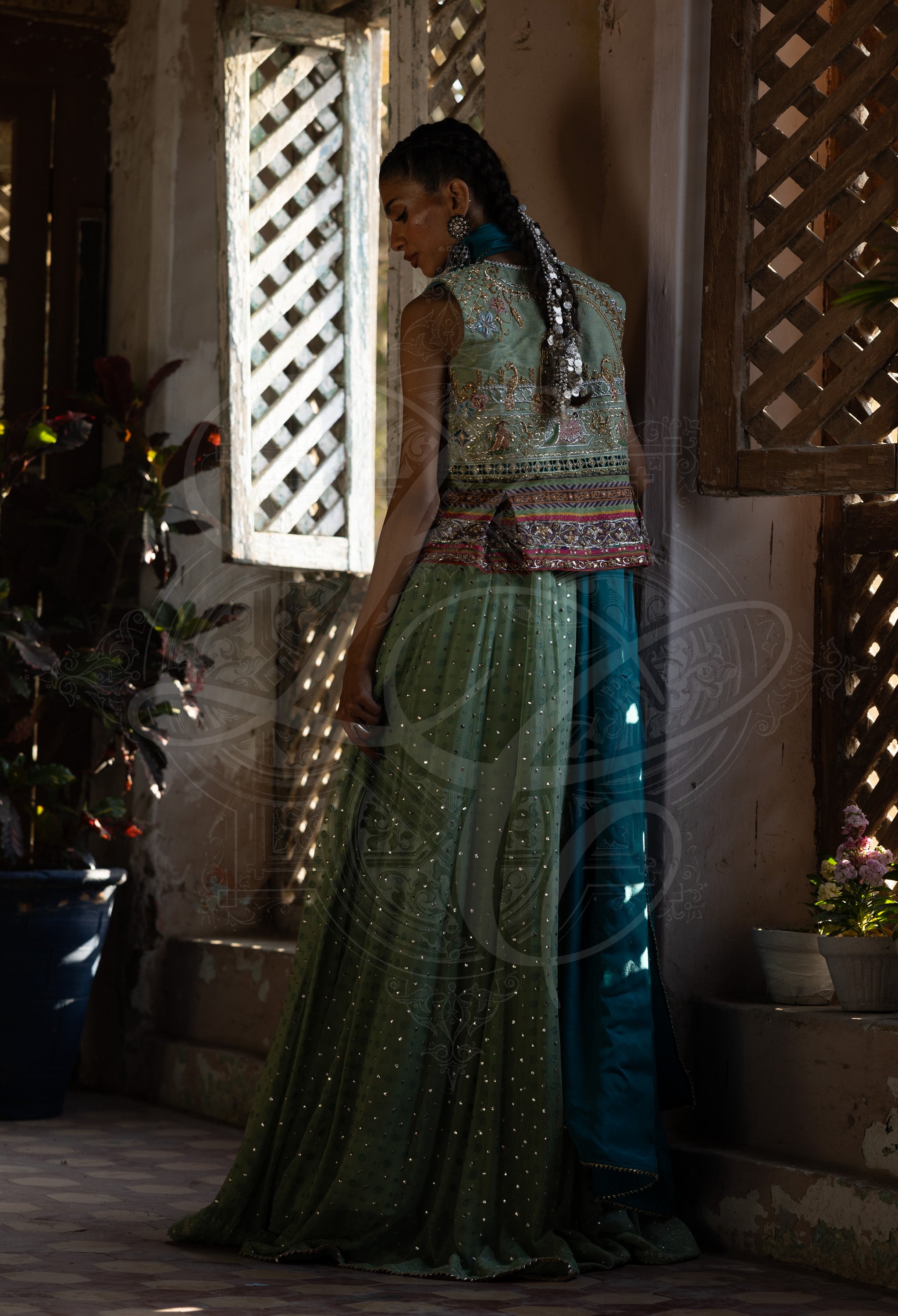 Sage Green Chikankari Peshwas Set with Teal Embroidered Coat