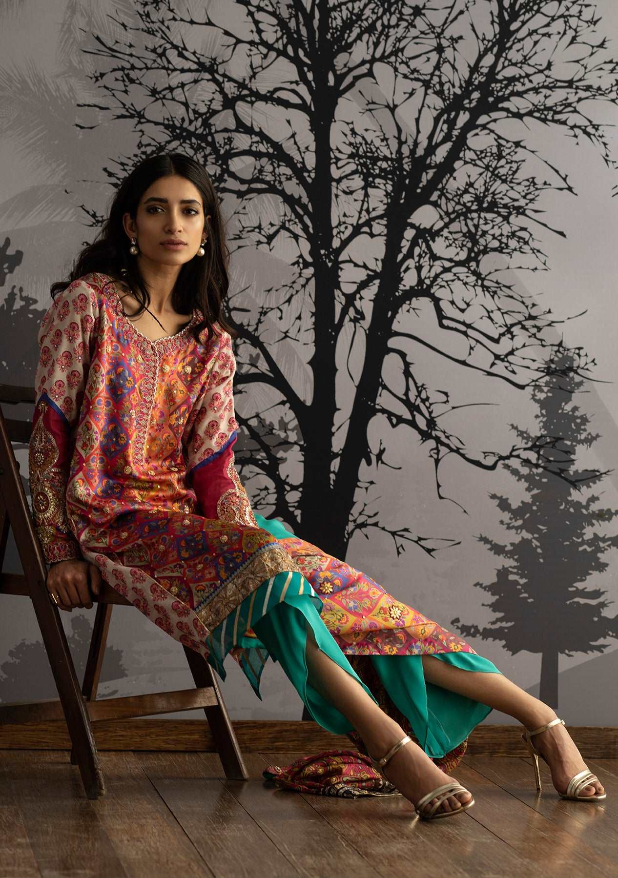 Bright printed tunic with a tulip shalwar and dupatta