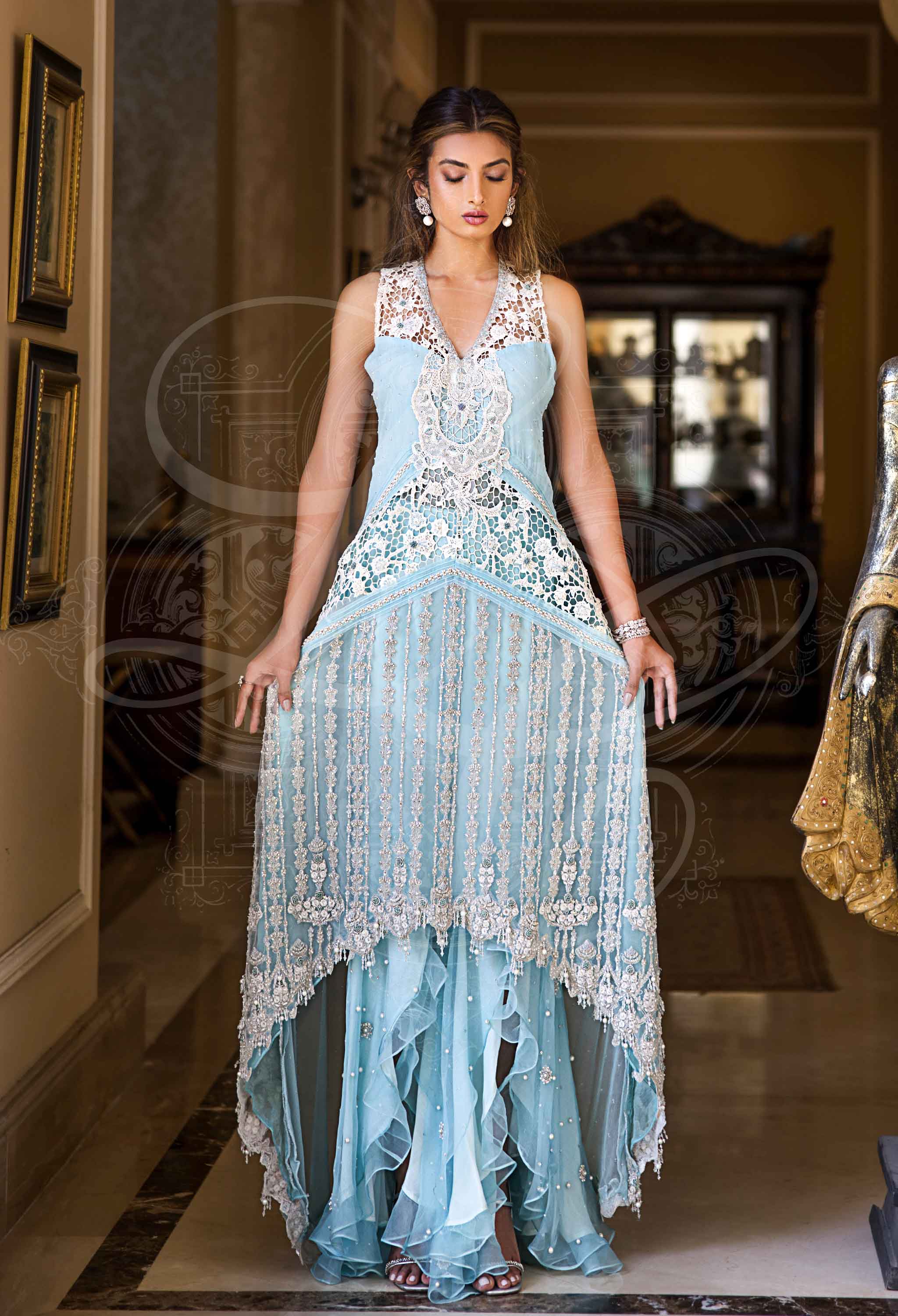 Aquamarine blue hi lo top with gharara