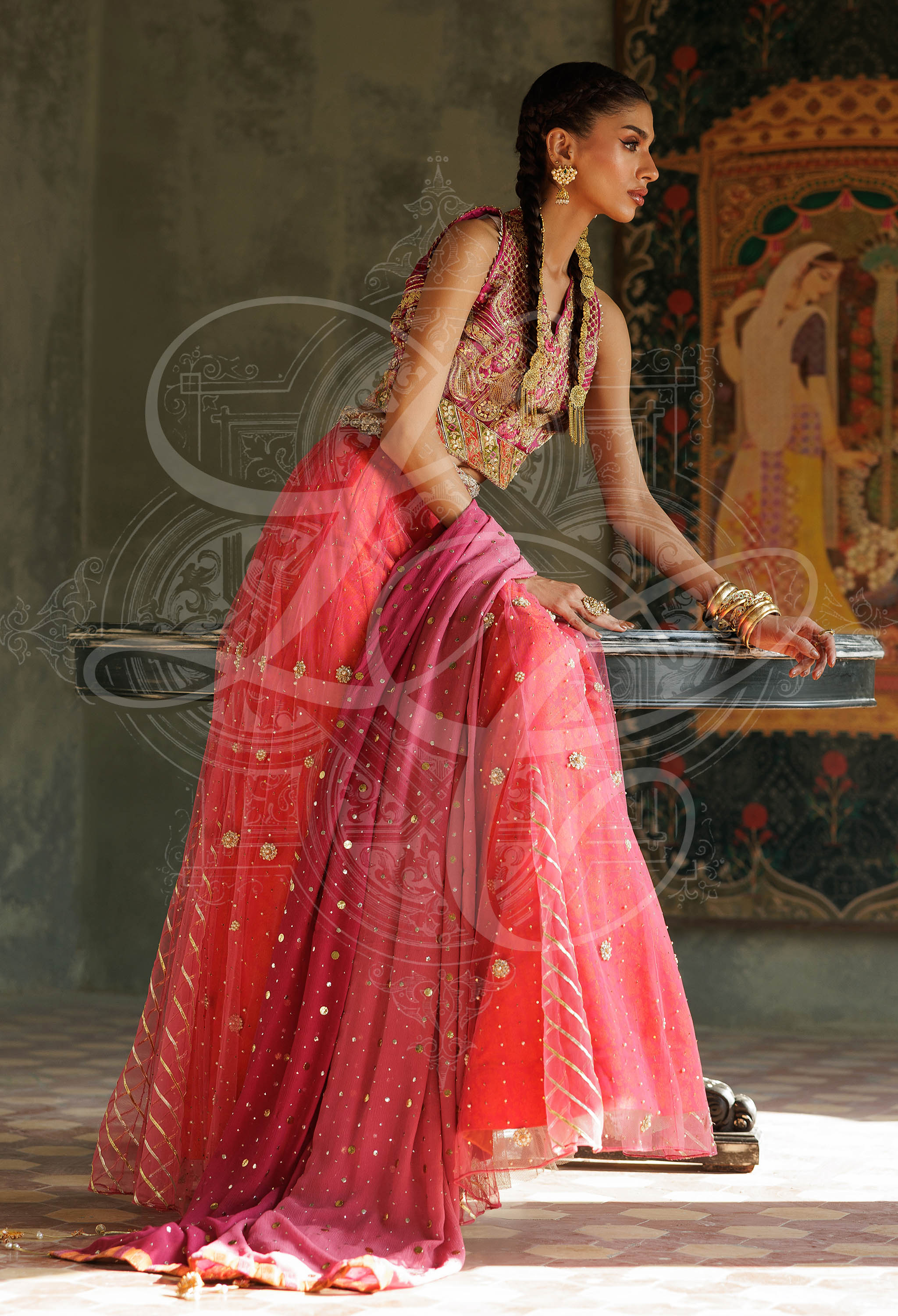 Soraya - Gota work halter blouse with gota work lehenga with Kaamdani Chiffon Dupatta