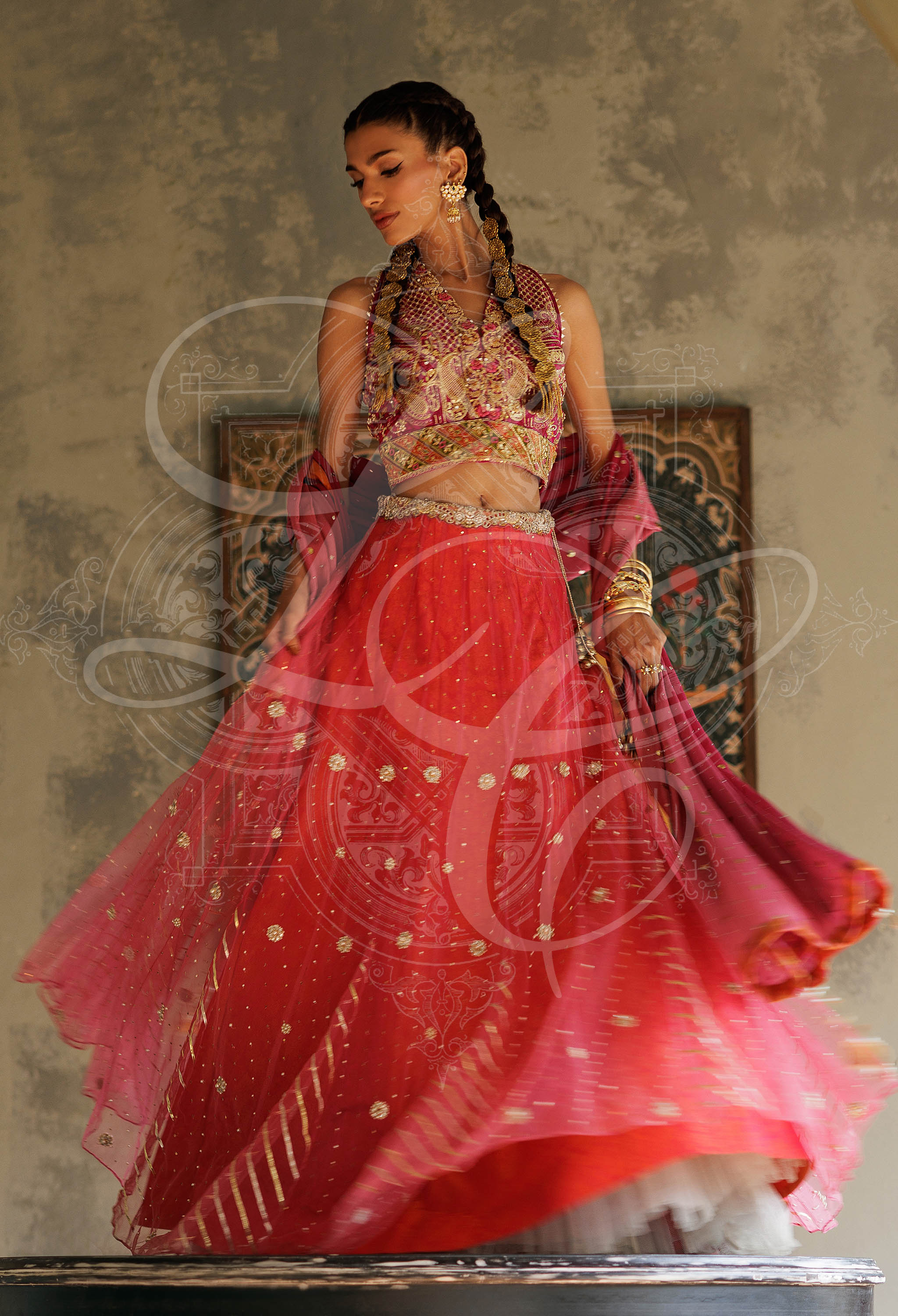 Soraya - Gota work halter blouse with gota work lehenga with Kaamdani Chiffon Dupatta