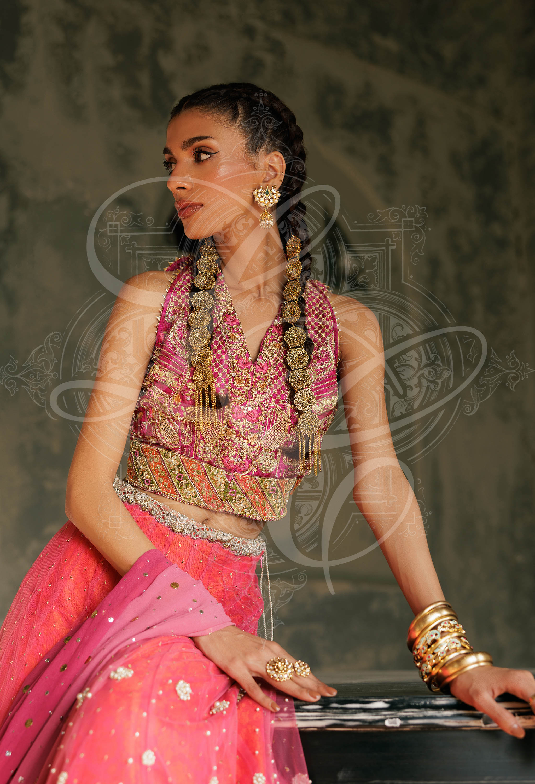 Soraya - Gota work halter blouse with gota work lehenga with Kaamdani Chiffon Dupatta