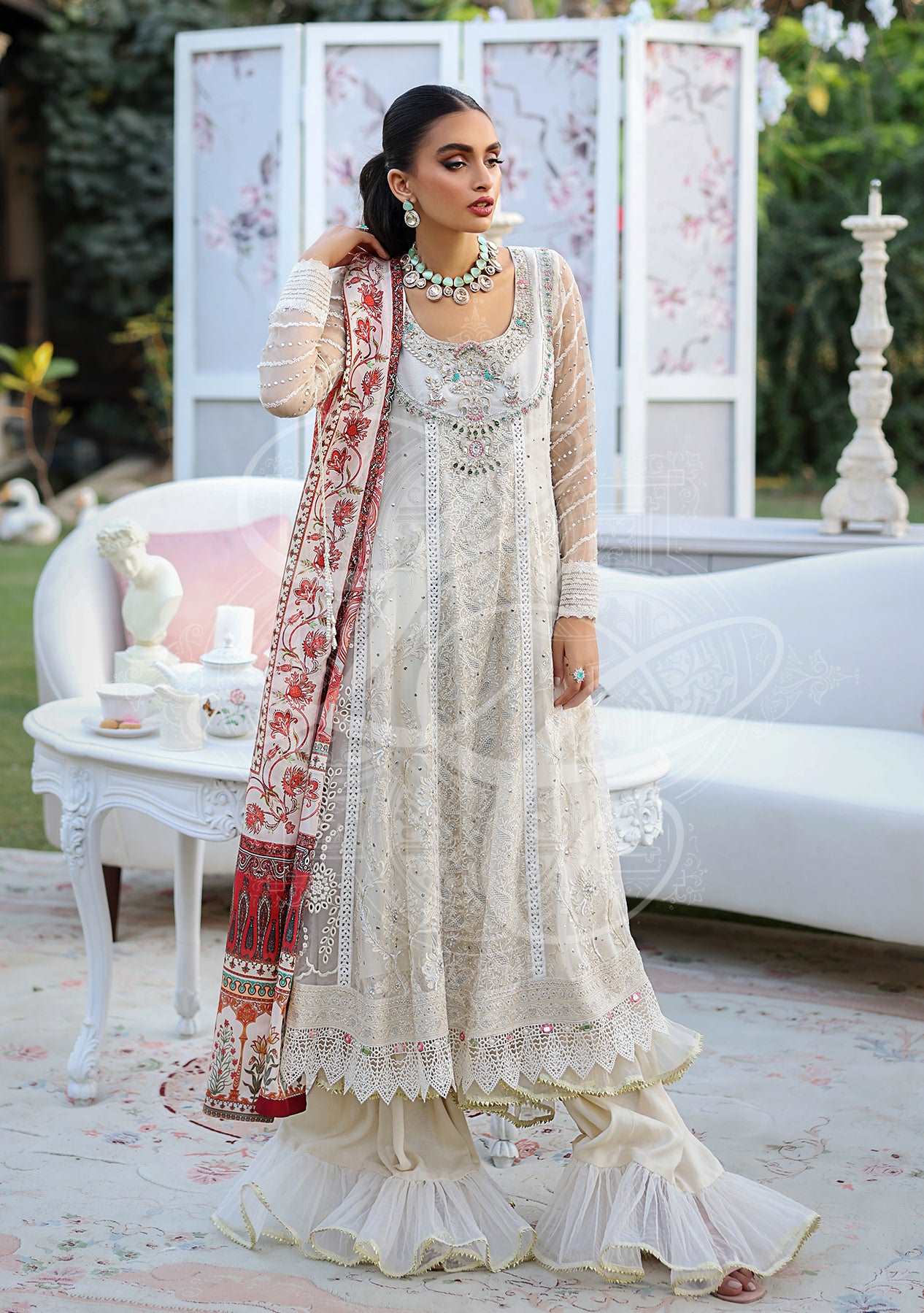 Ivory kaamdani and chikankari kalidar with gharara and printed dupatta