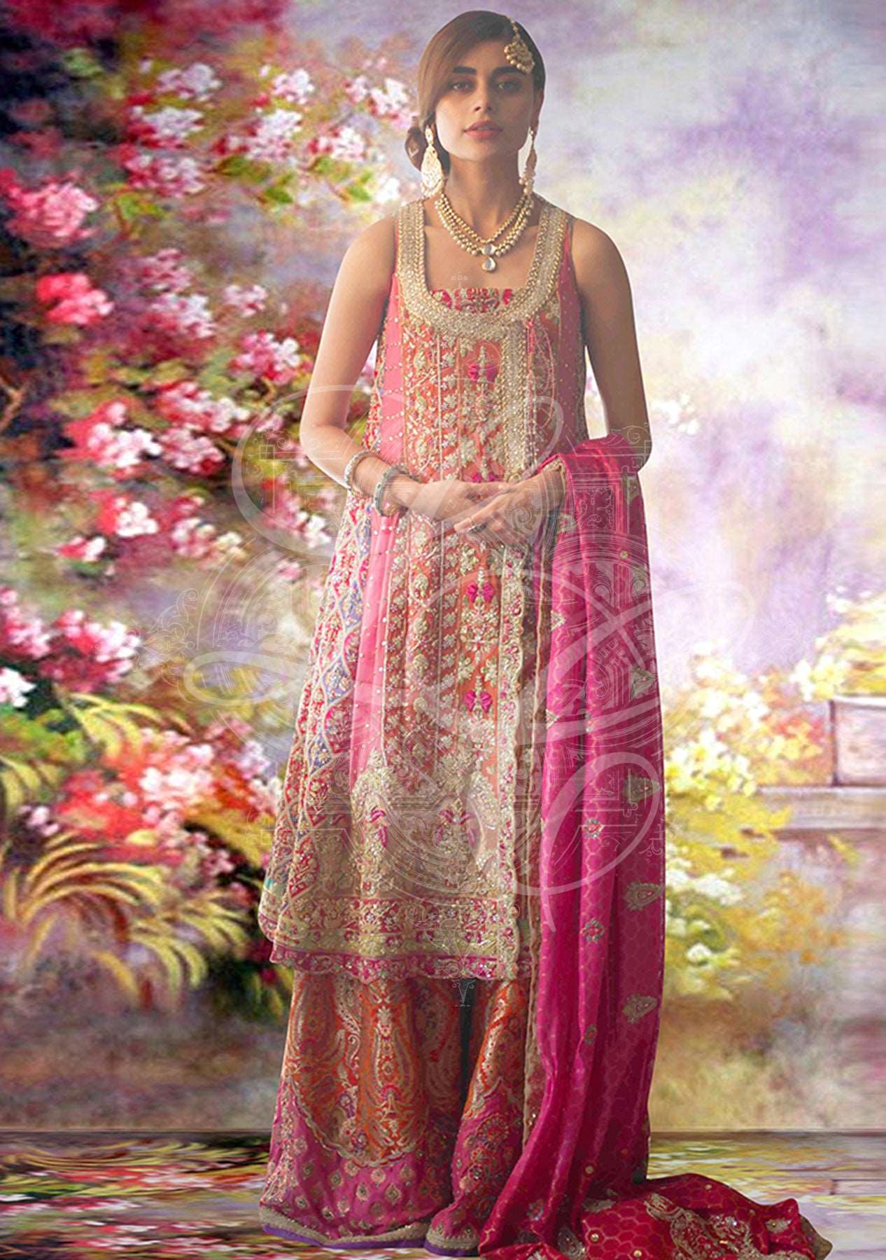 Bridal angrakha shirt with heavy lehenga and dupatta