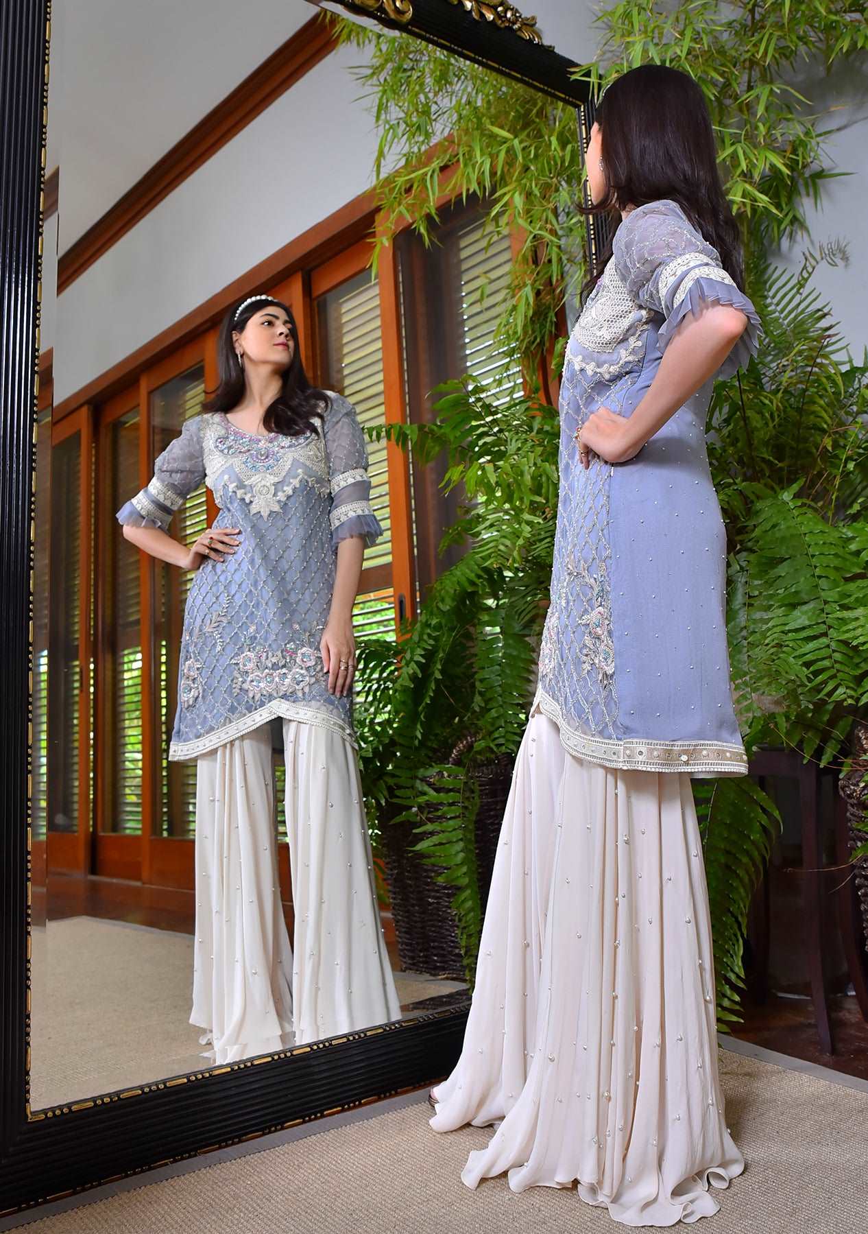 Periwinkle short tunic with pearl chan gharara