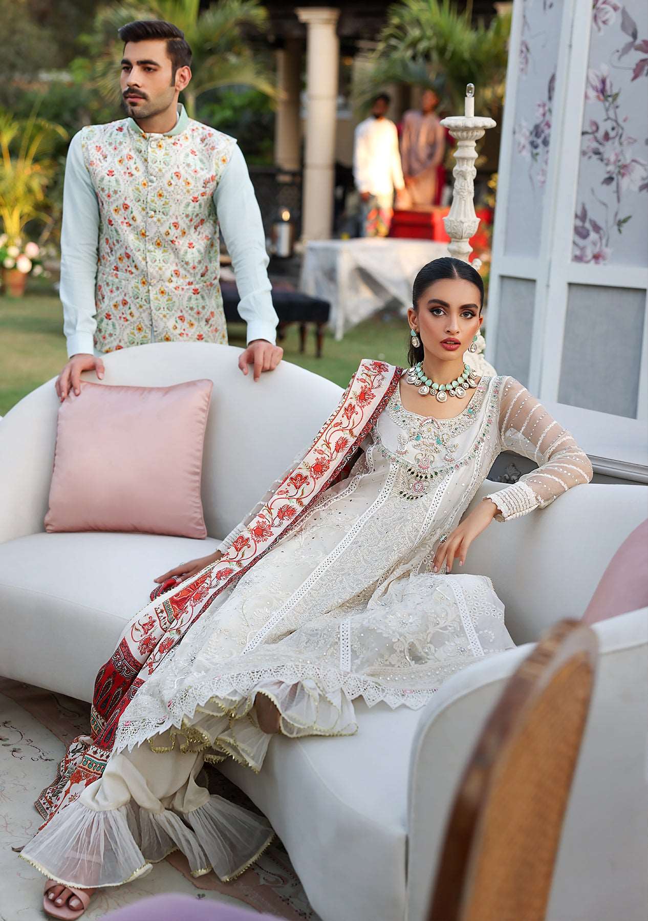 Ivory kaamdani and chikankari kalidar with gharara and printed dupatta