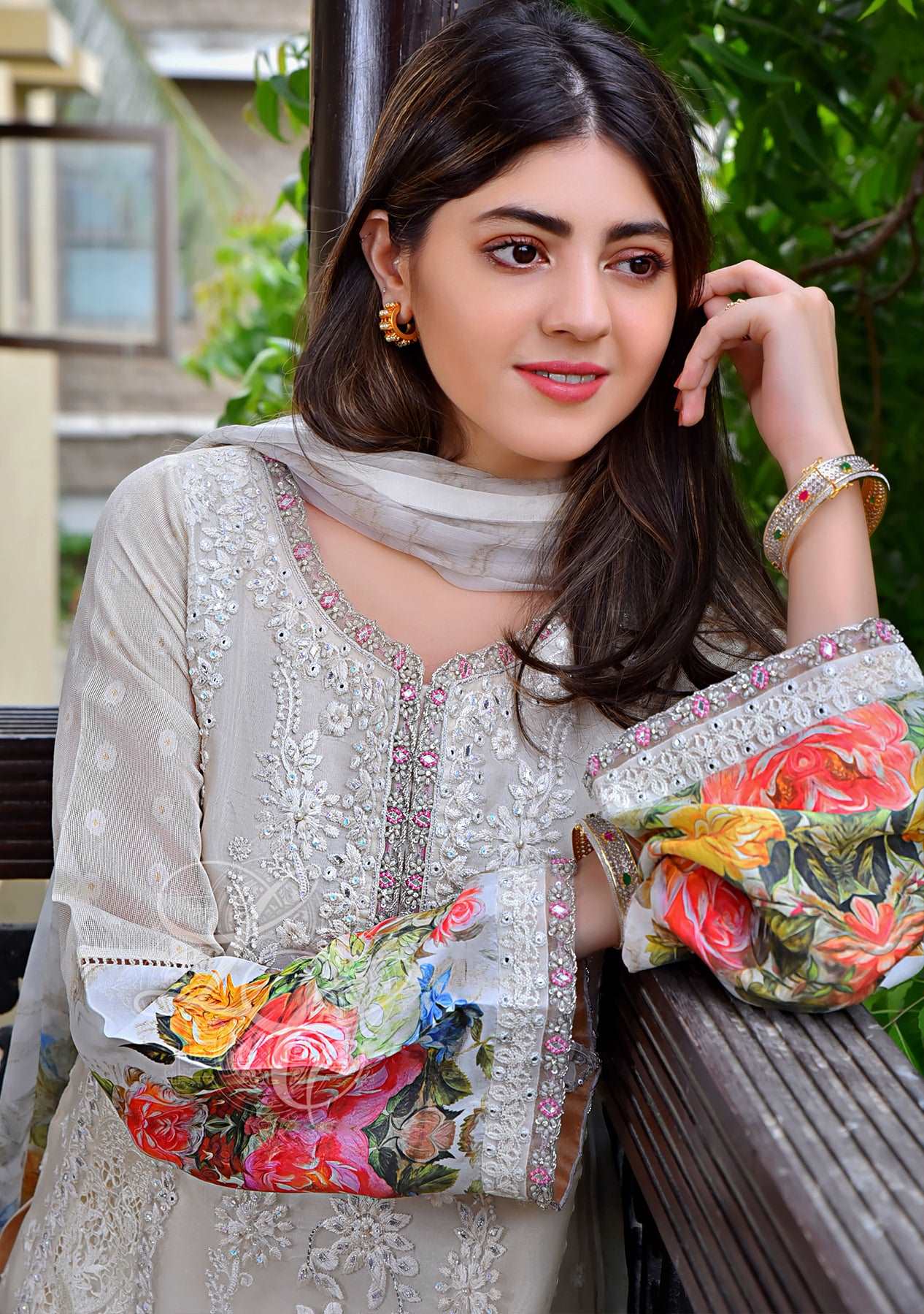 Off white gota shirt with a tulip shalwar and printed dupatta
