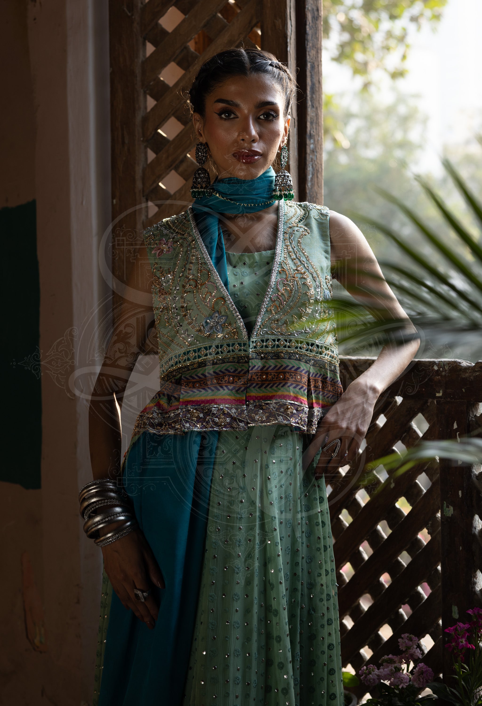 Sage Green Chikankari Peshwas Set with Teal Embroidered Coat