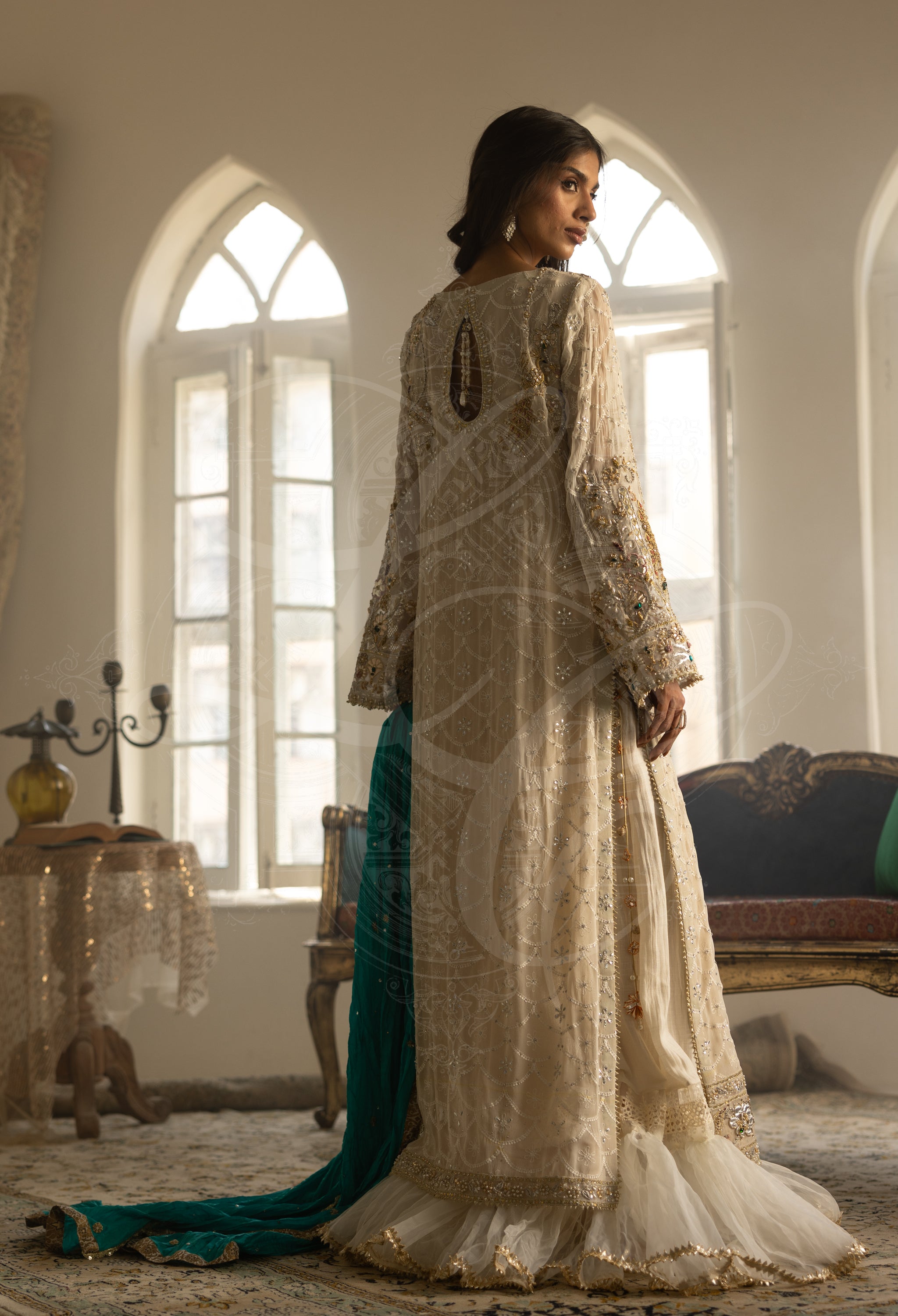 Off-White Chikankari & Kaamdaani Jaal Gharara Set with Sea Green Dupatta