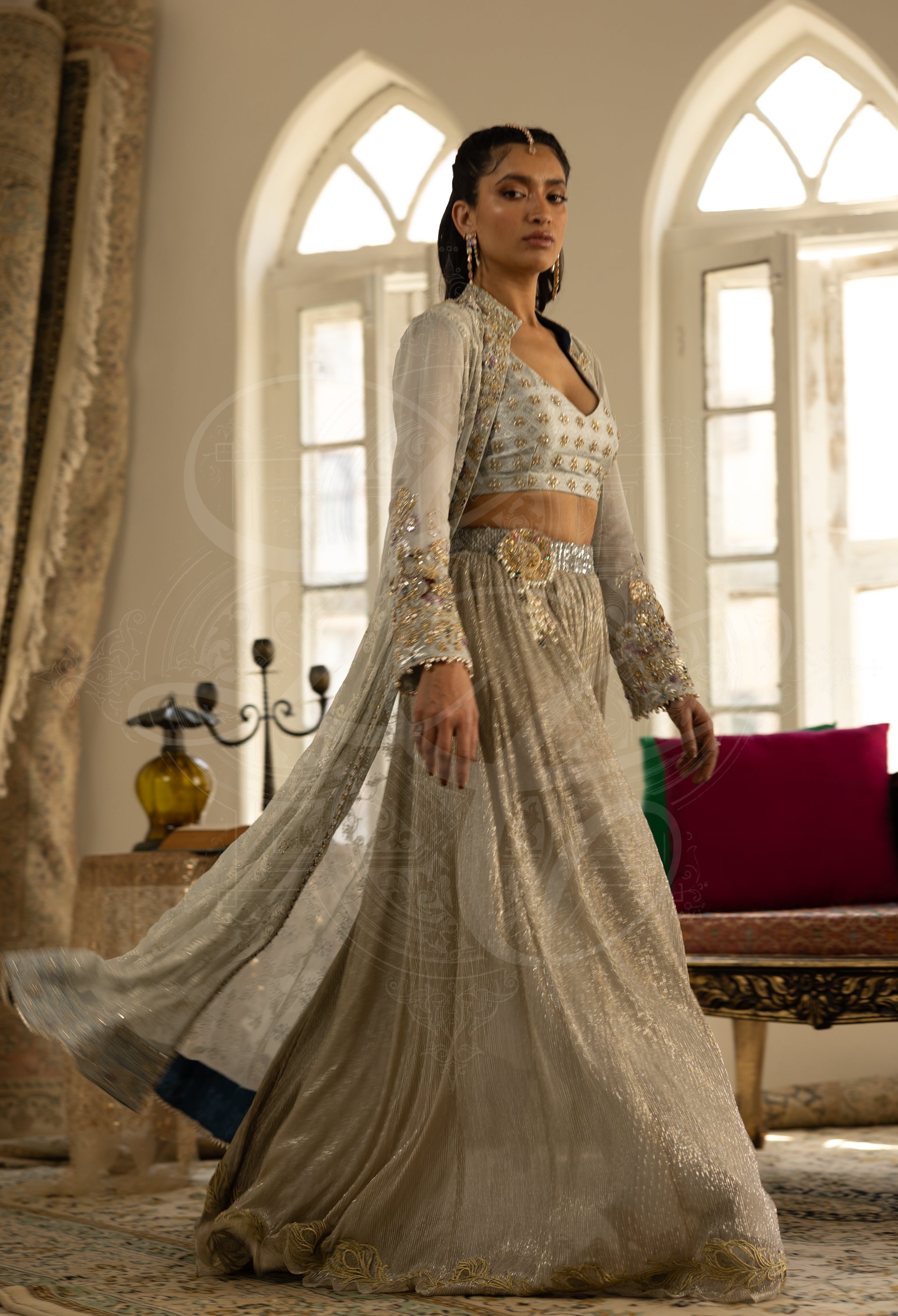Silver Grey Chikankari Coat Set with Hand Embellished Gharara