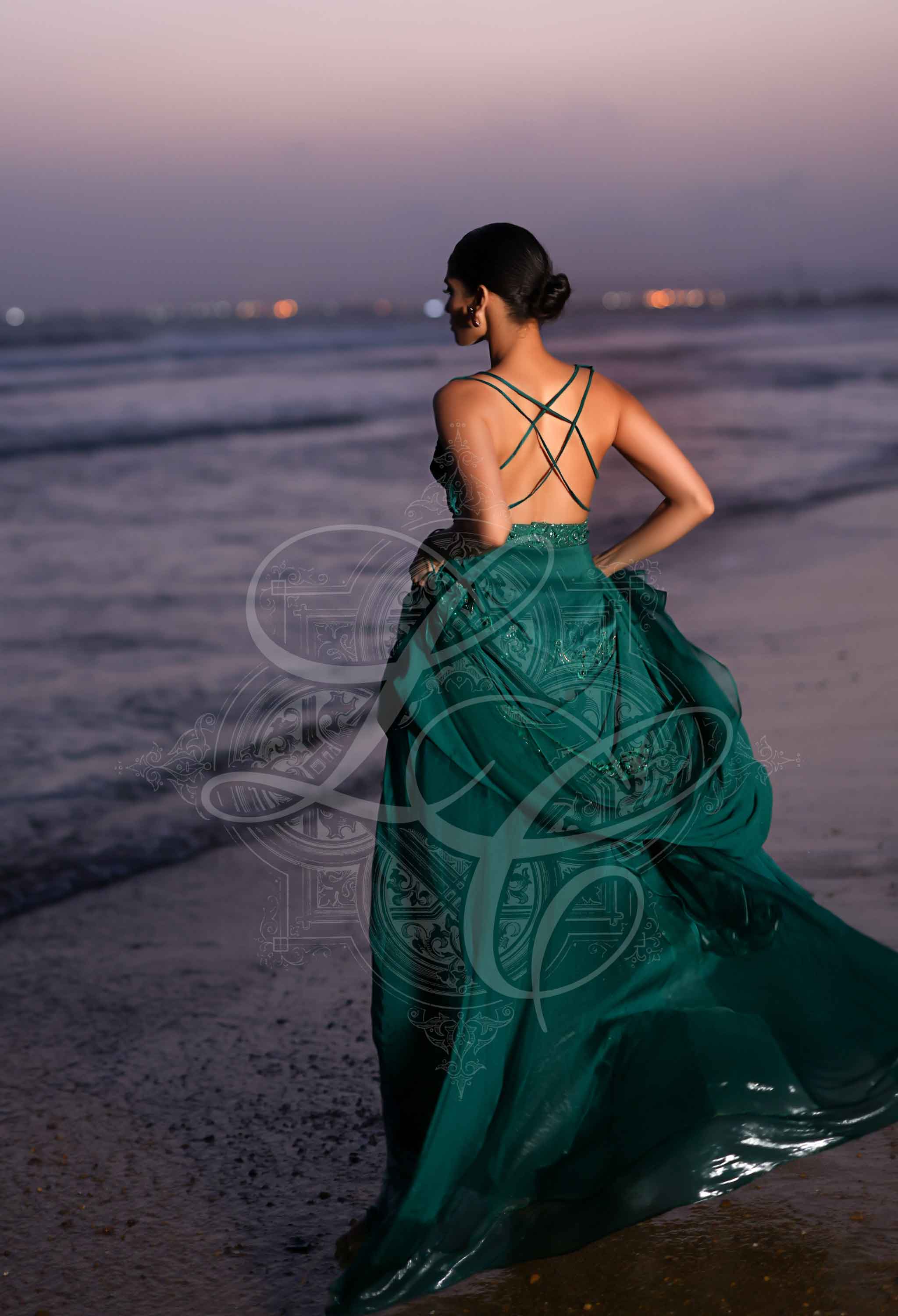 Emerald and gold embellished blouse with skirt