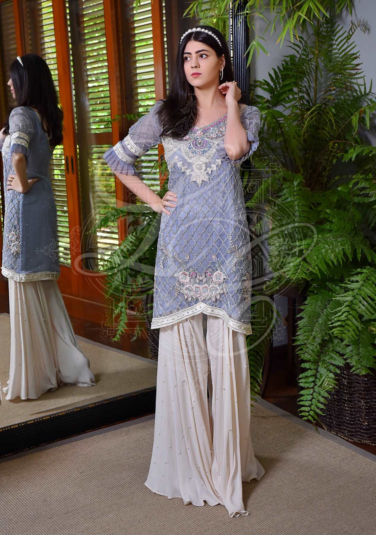 Periwinkle short tunic with pearl chan gharara