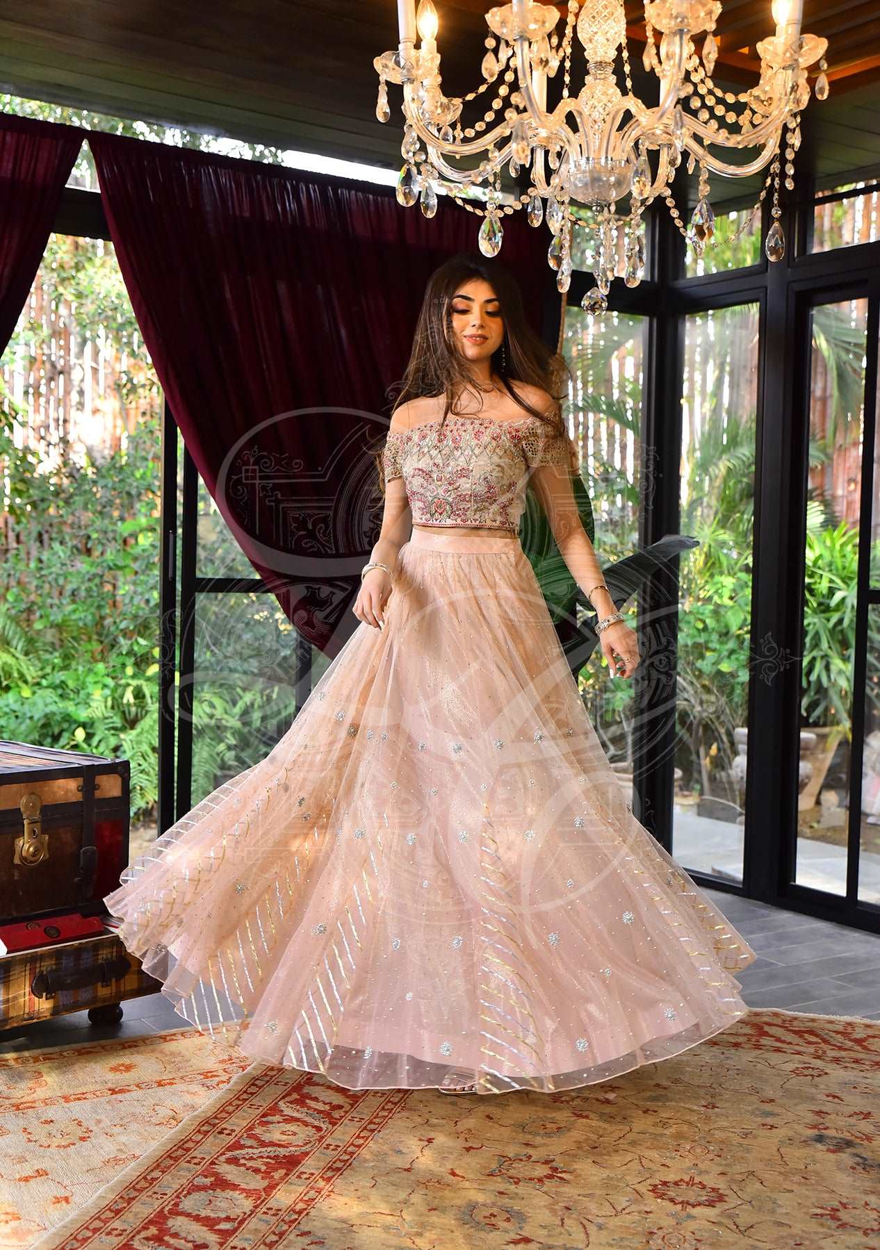 Cutwork blouse with lehenga and dupatta