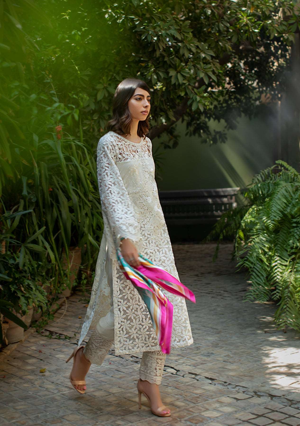 White kurta paired with straight pants and dupatta