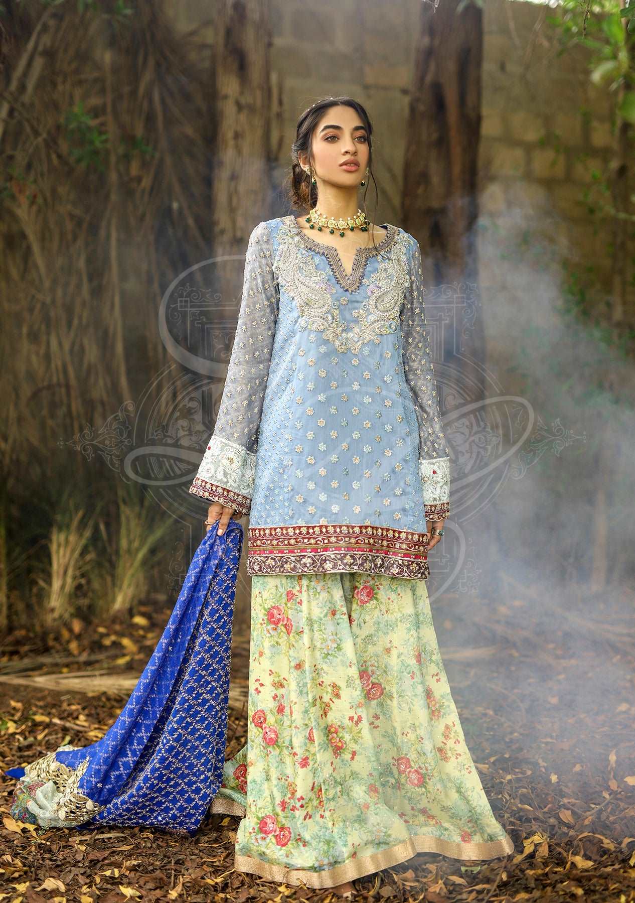 Powder blue short tunic with gharara