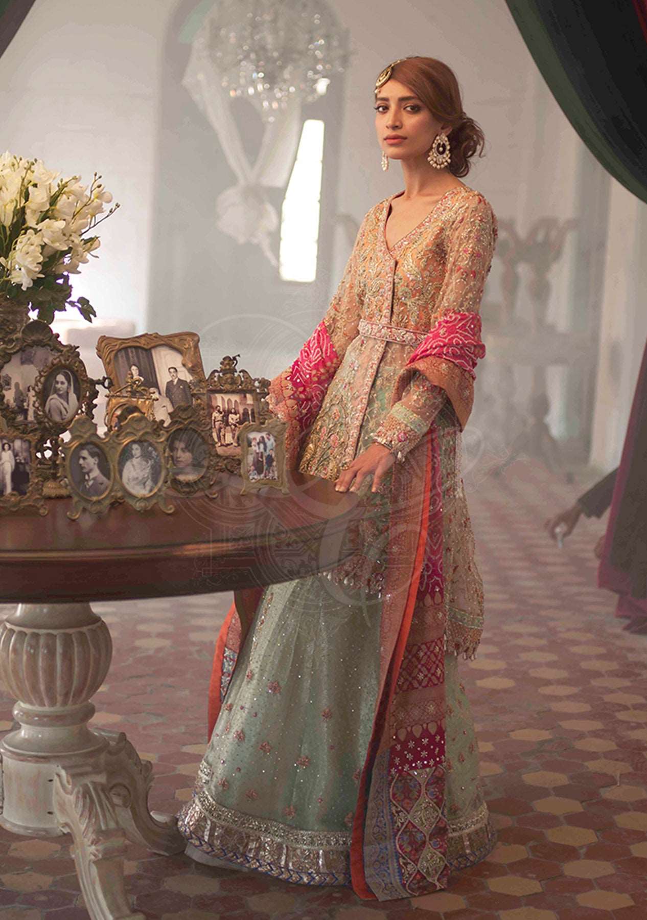 Tangerine brocade angrakha with lehenga and dupatta