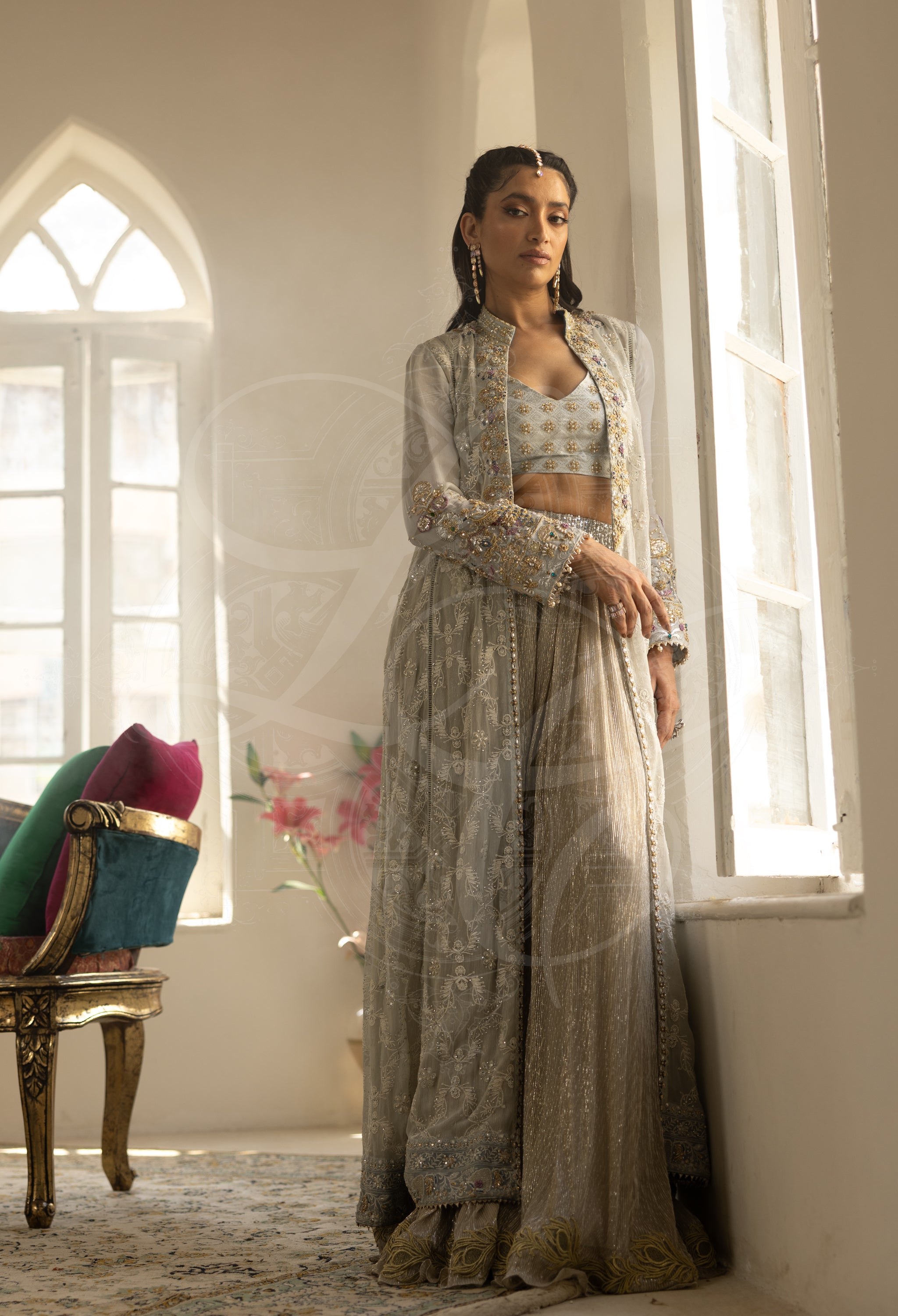 Silver Grey Chikankari Coat Set with Hand Embellished Gharara