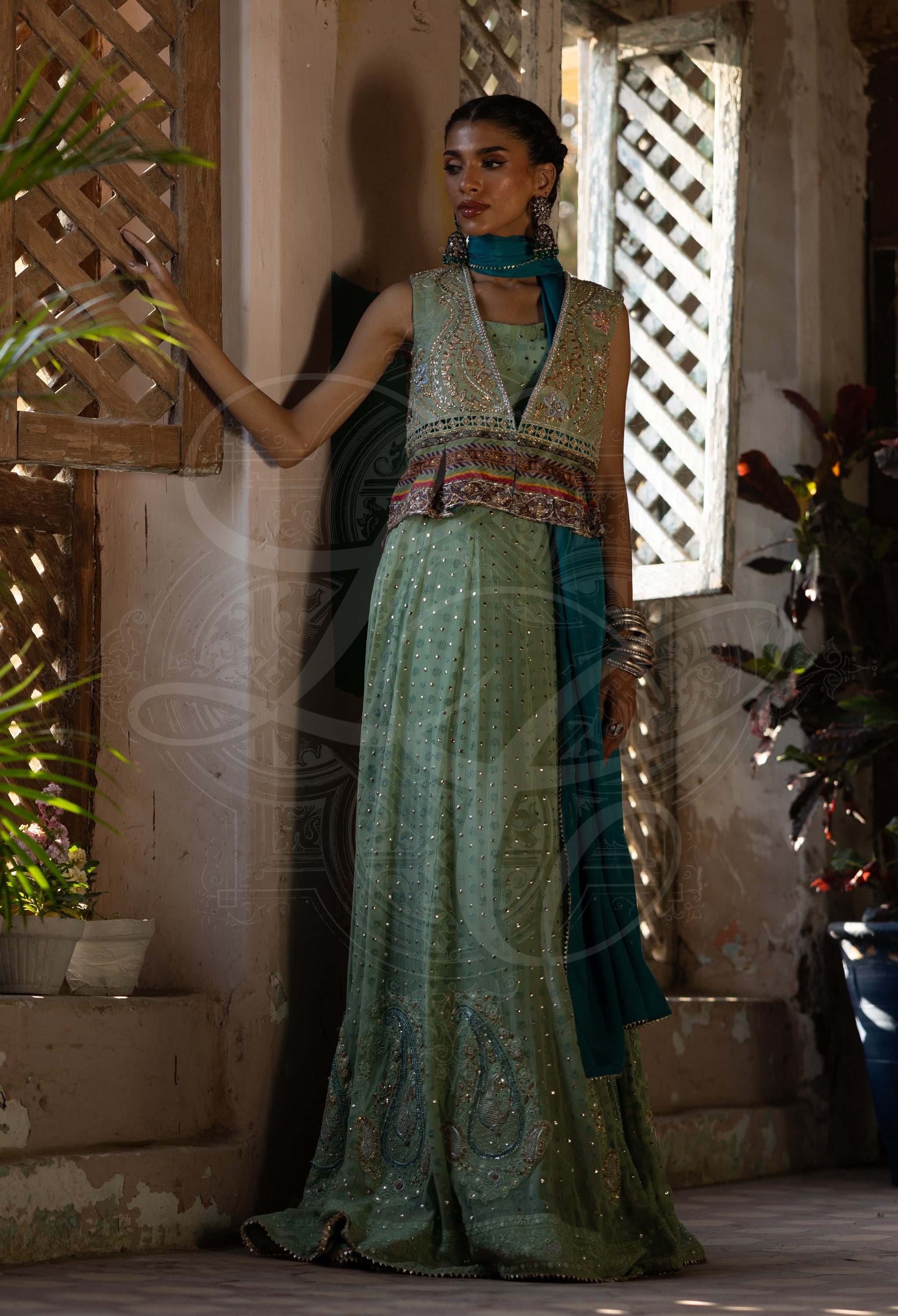 Sage Green Chikankari Peshwas Set with Teal Embroidered Coat