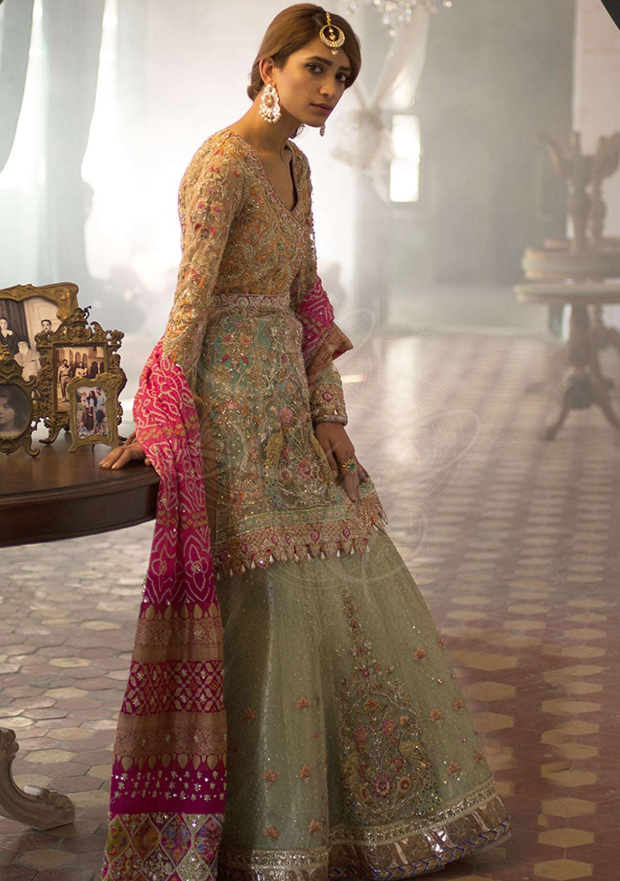 Tangerine brocade angrakha with lehenga and dupatta