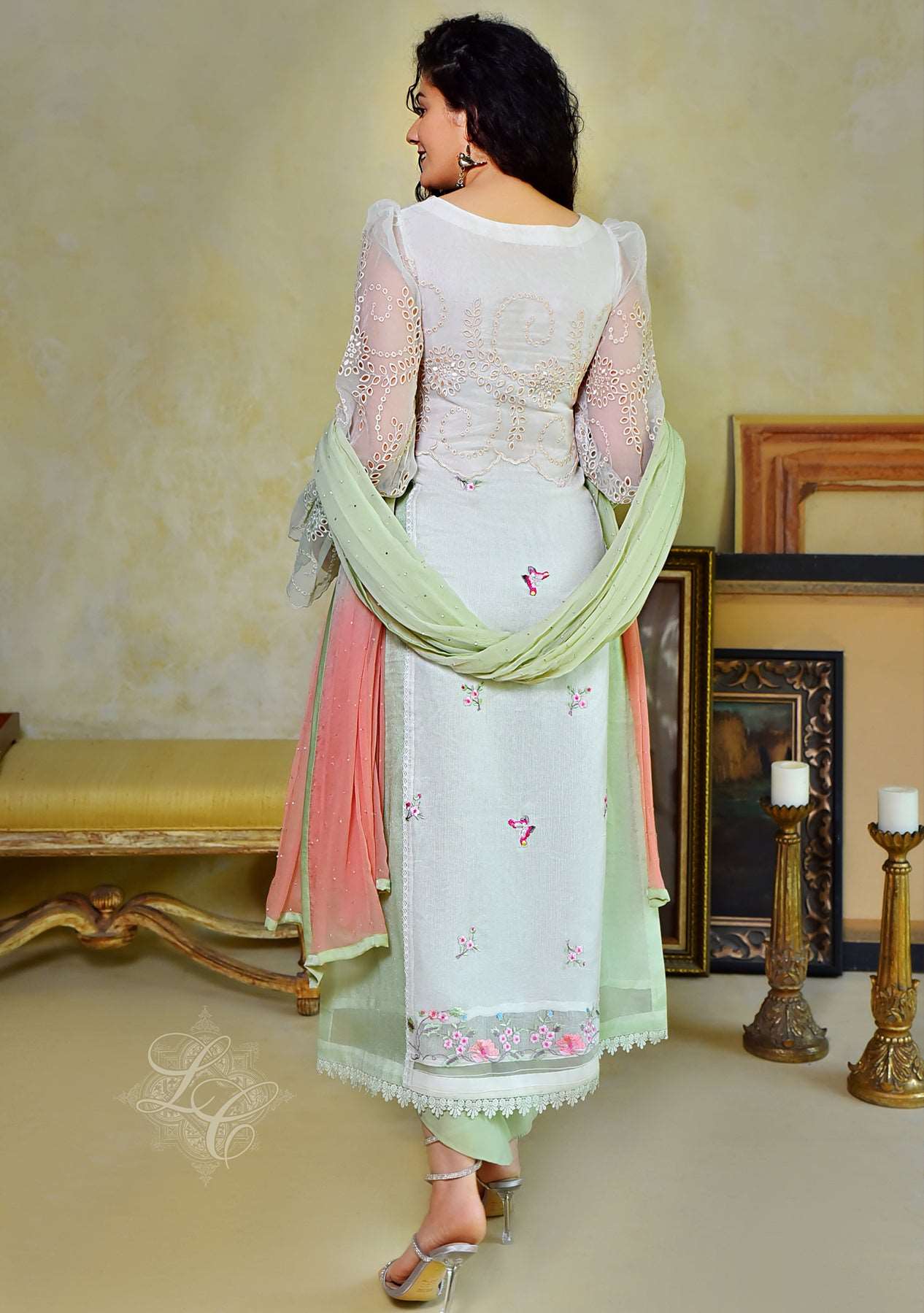 Off white and green kalidar with a tulip shalwar and chiffon dupatta