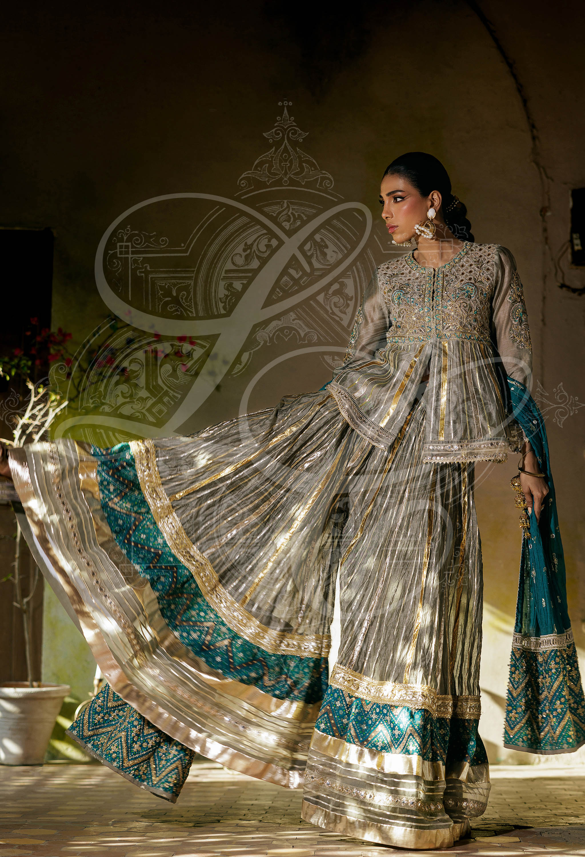 Lila- Peplum top with neckline front back and sleeves work with Gharara and light dupatta