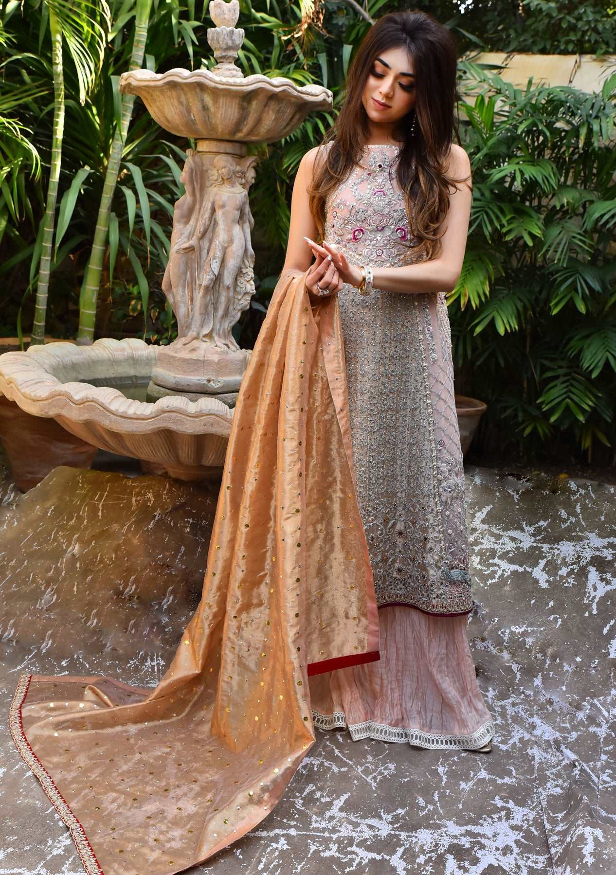 Rose paneled shirt paired with gharara and dupatta