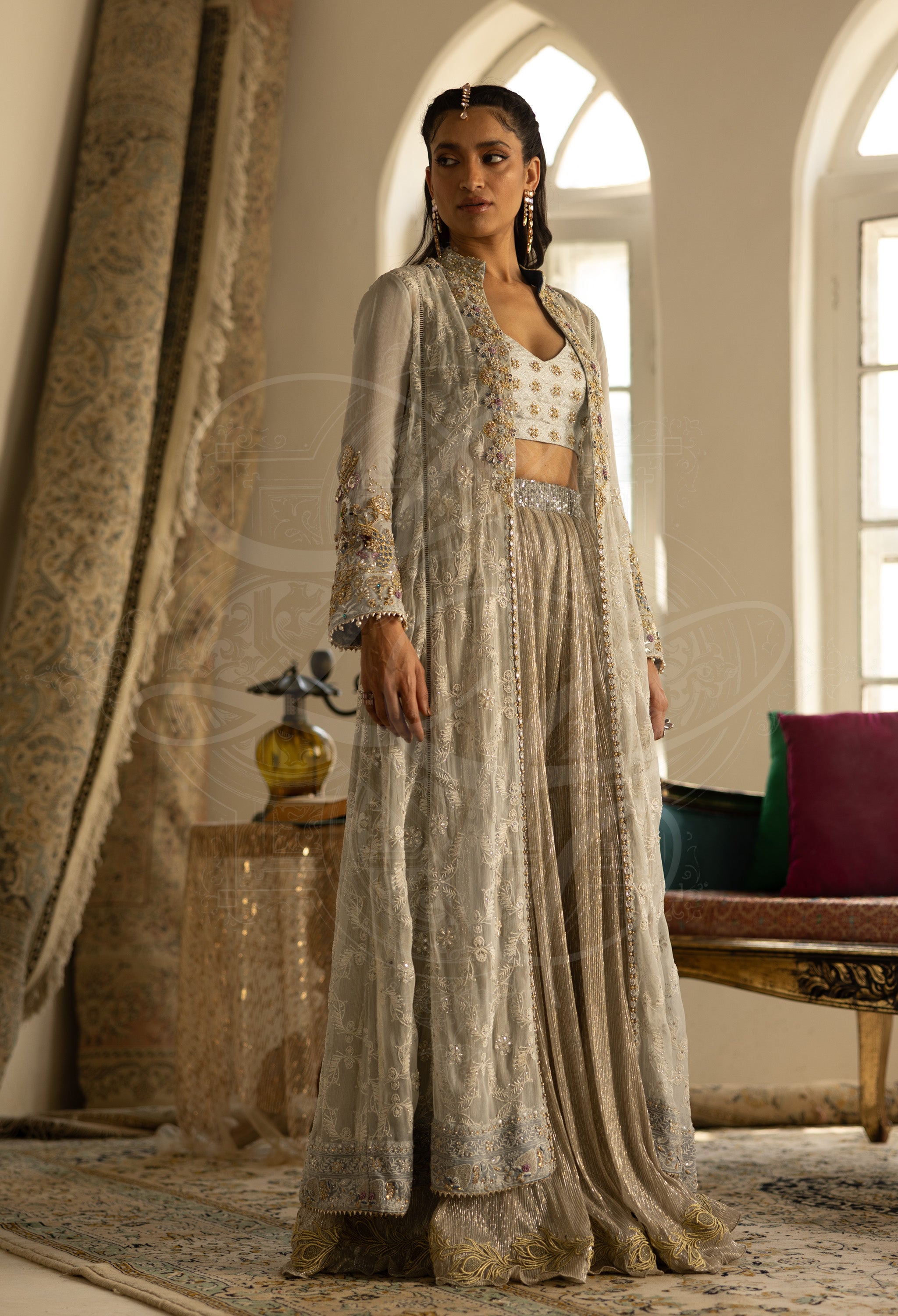 Silver Grey Chikankari Coat Set with Hand Embellished Gharara
