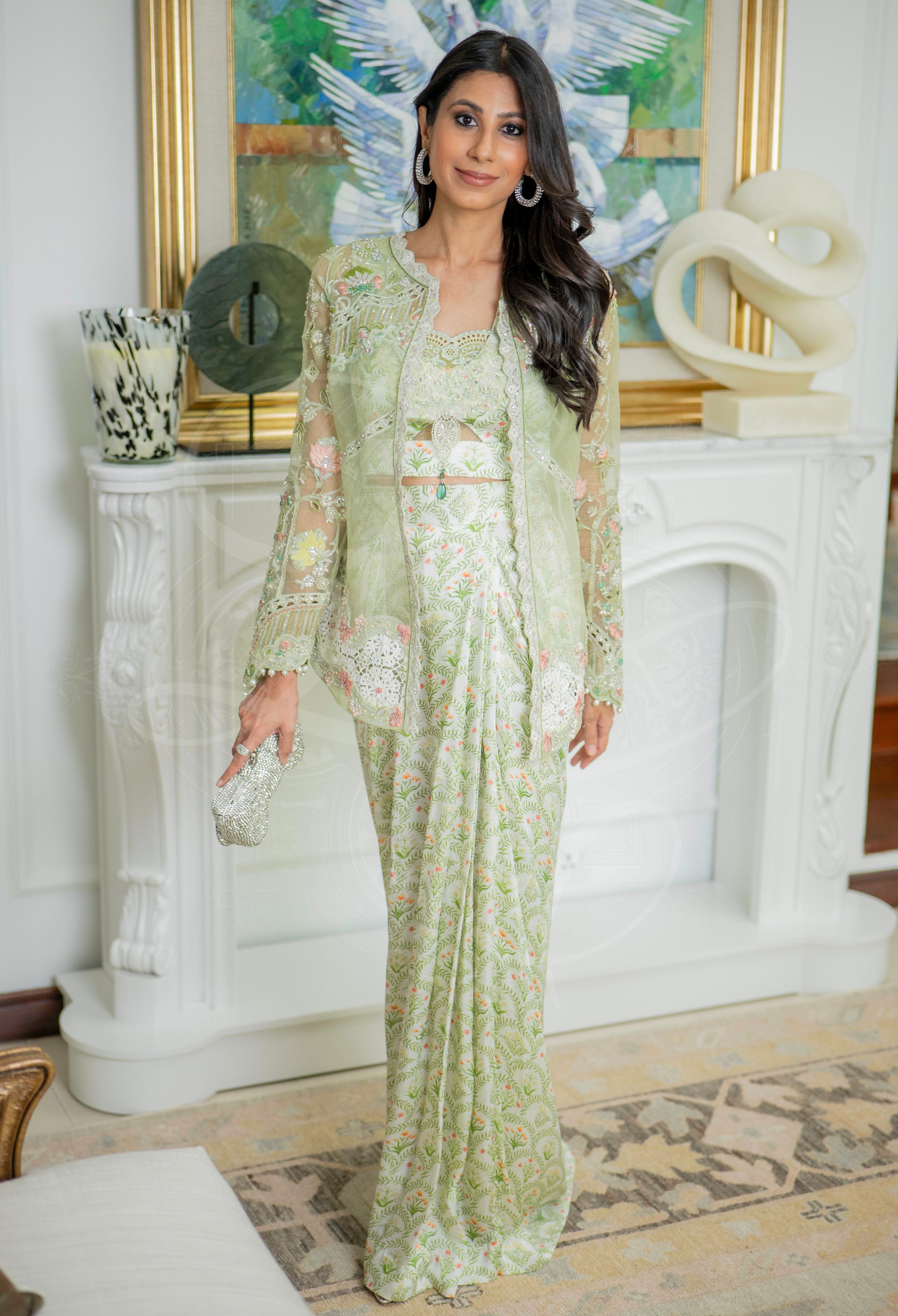 Elara Pistachio U-Hem Cutwork Saree Set