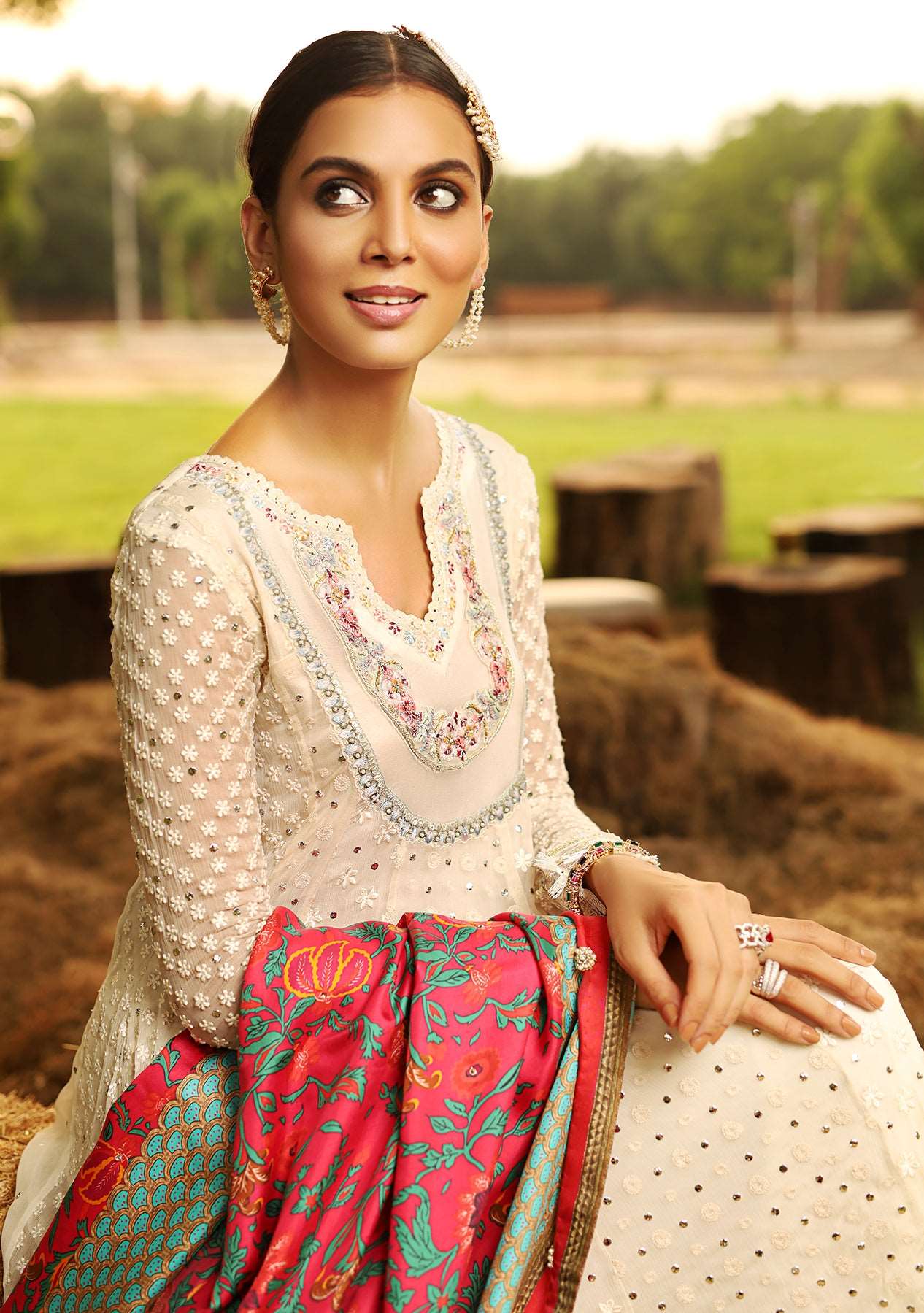 Chikankari off white peshwas with churidar and printed dupatta
