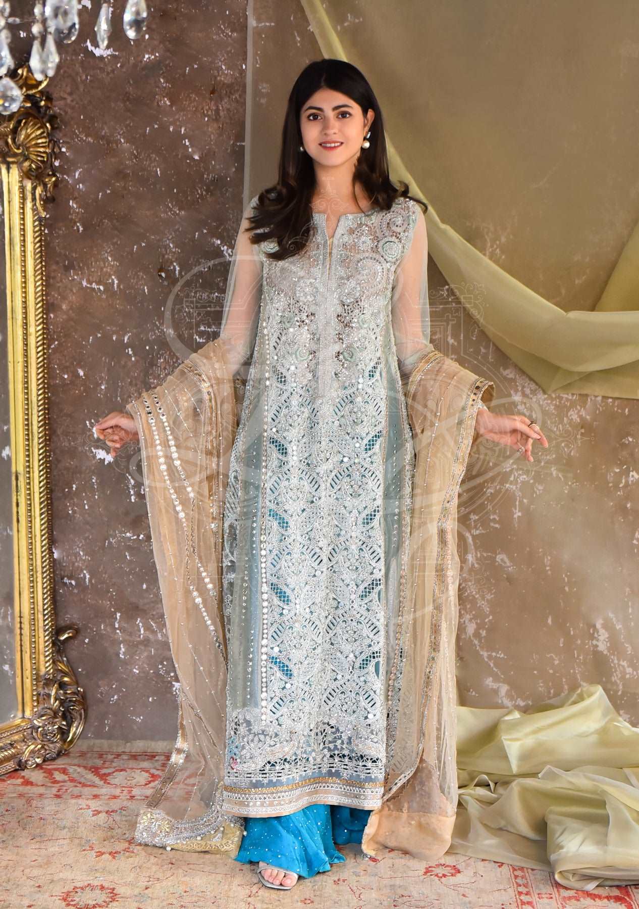 Mint cutwork kameez with gharara and dupatta