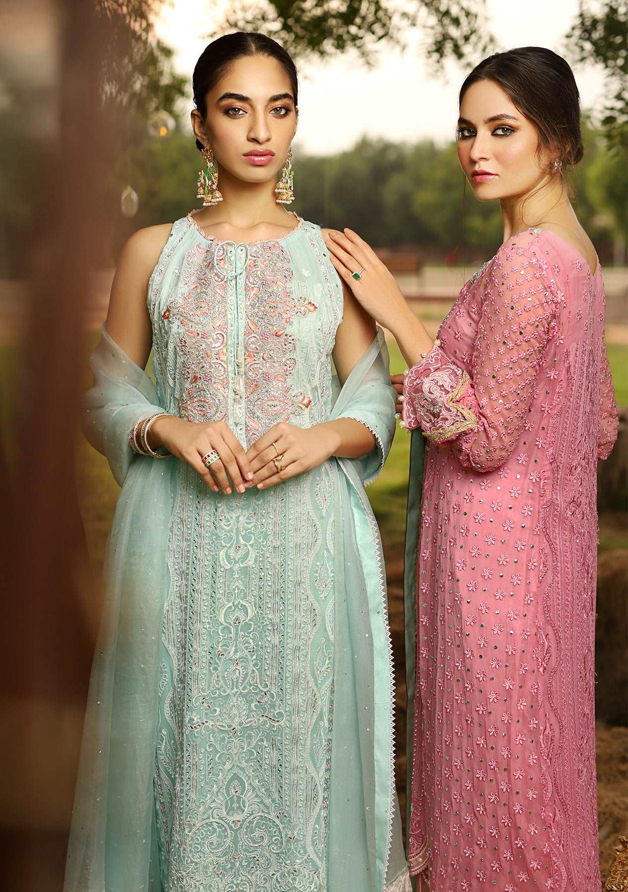 Blue chikanari kurta with izaars and organza dupatta
