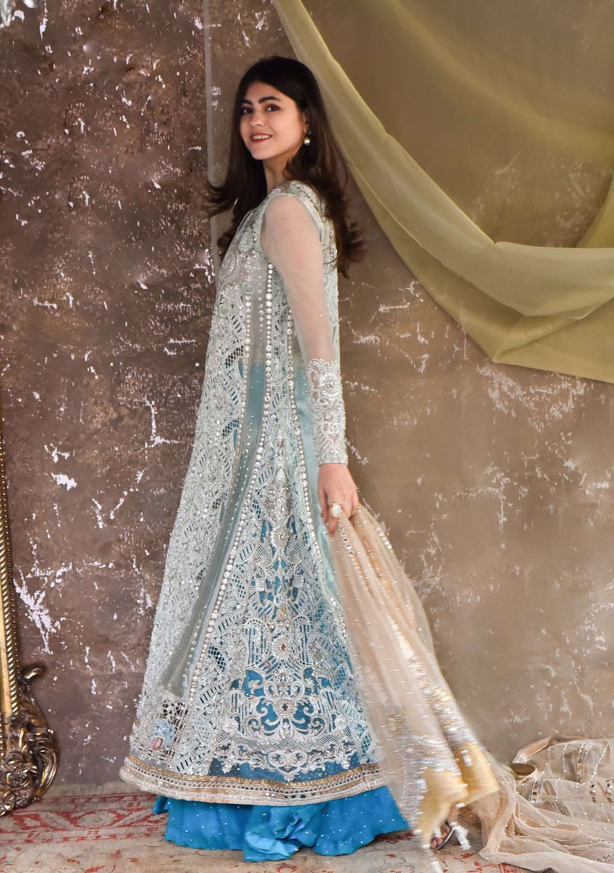 Mint cutwork kameez with gharara and dupatta