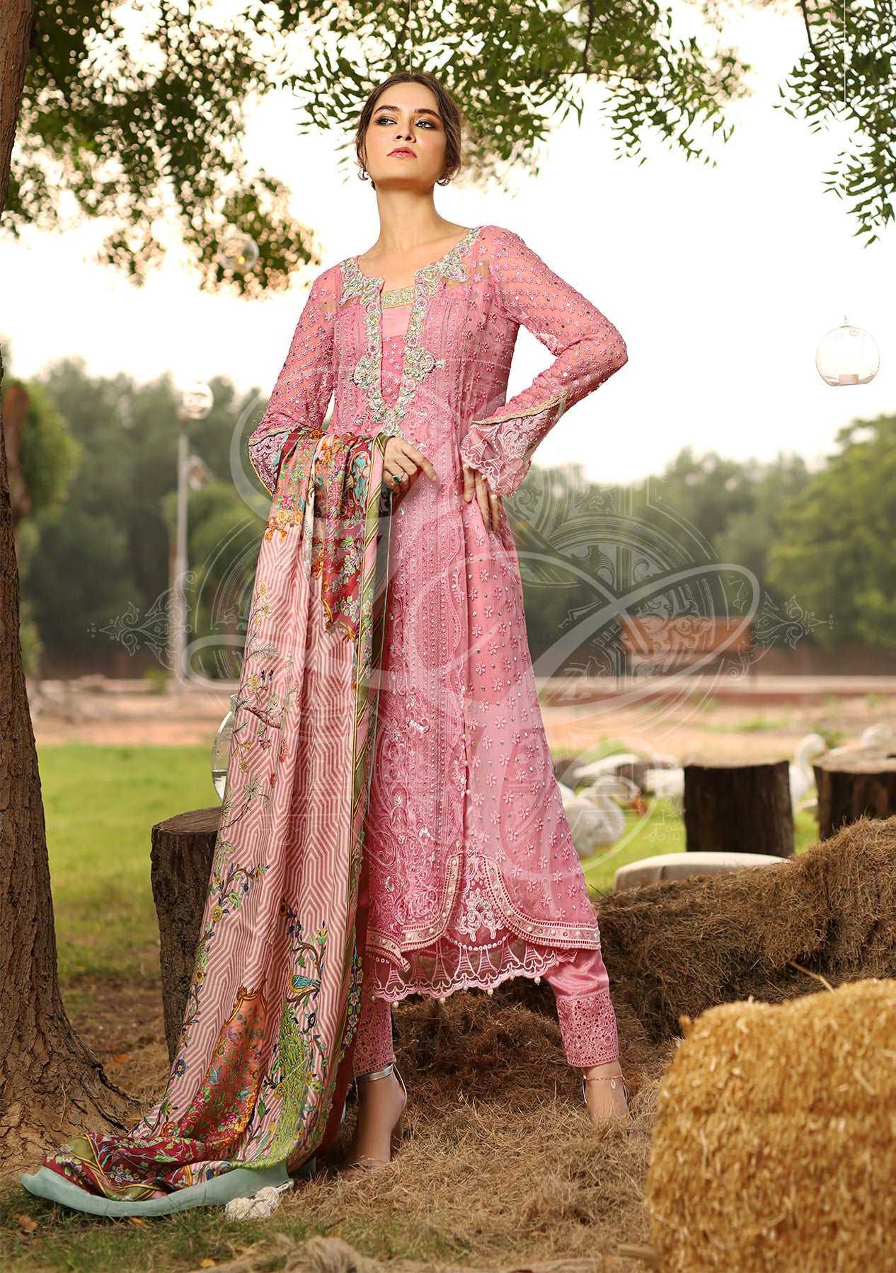 Rose pink chikanakari top with pants and printed dupatta