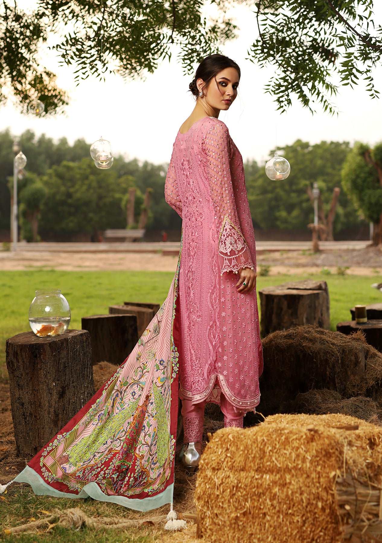 Rose pink chikanakari top with pants and printed dupatta